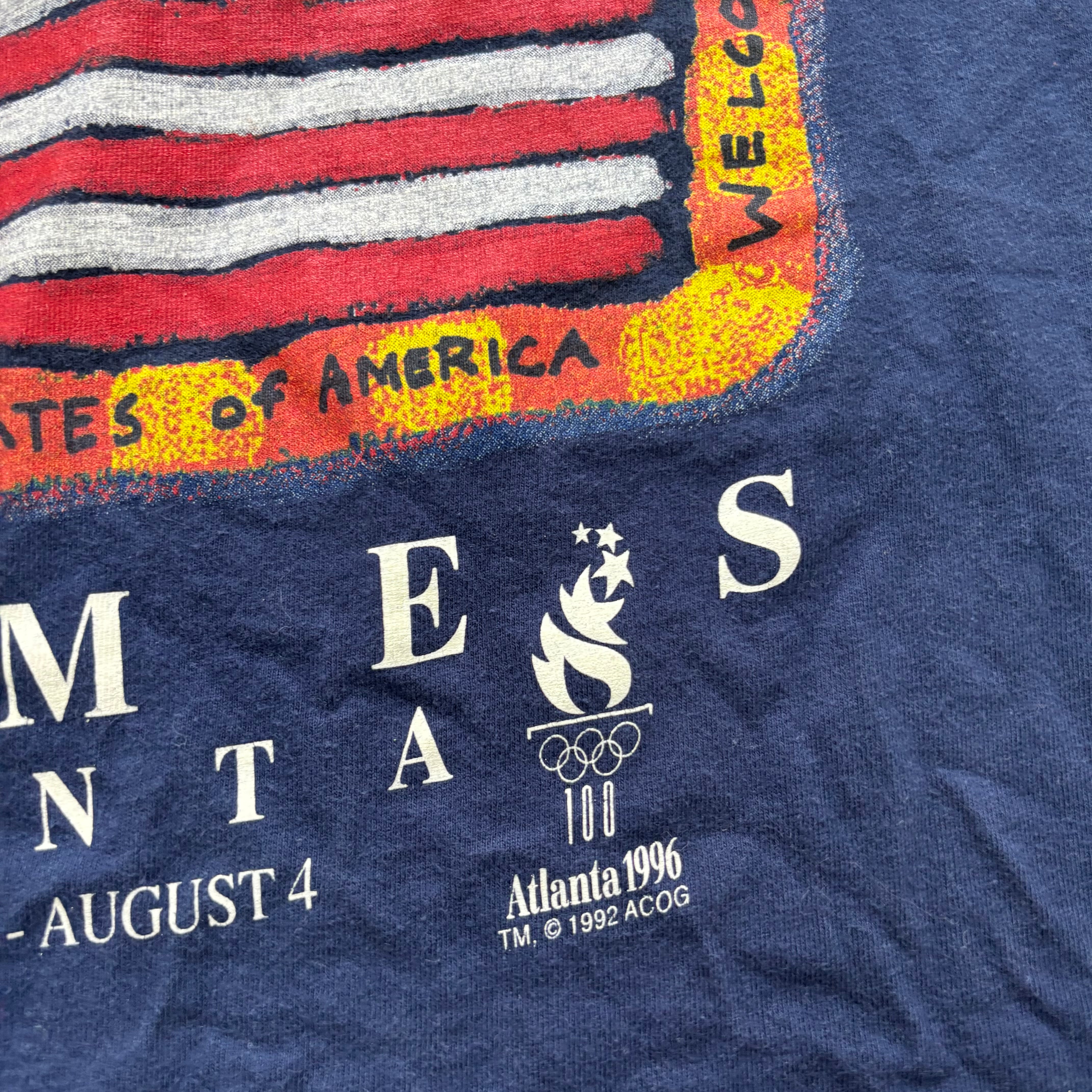 Vintage T Shirt Mens Small Navy Blue Single Stitch Graphic Print 90s Olympics (E)
