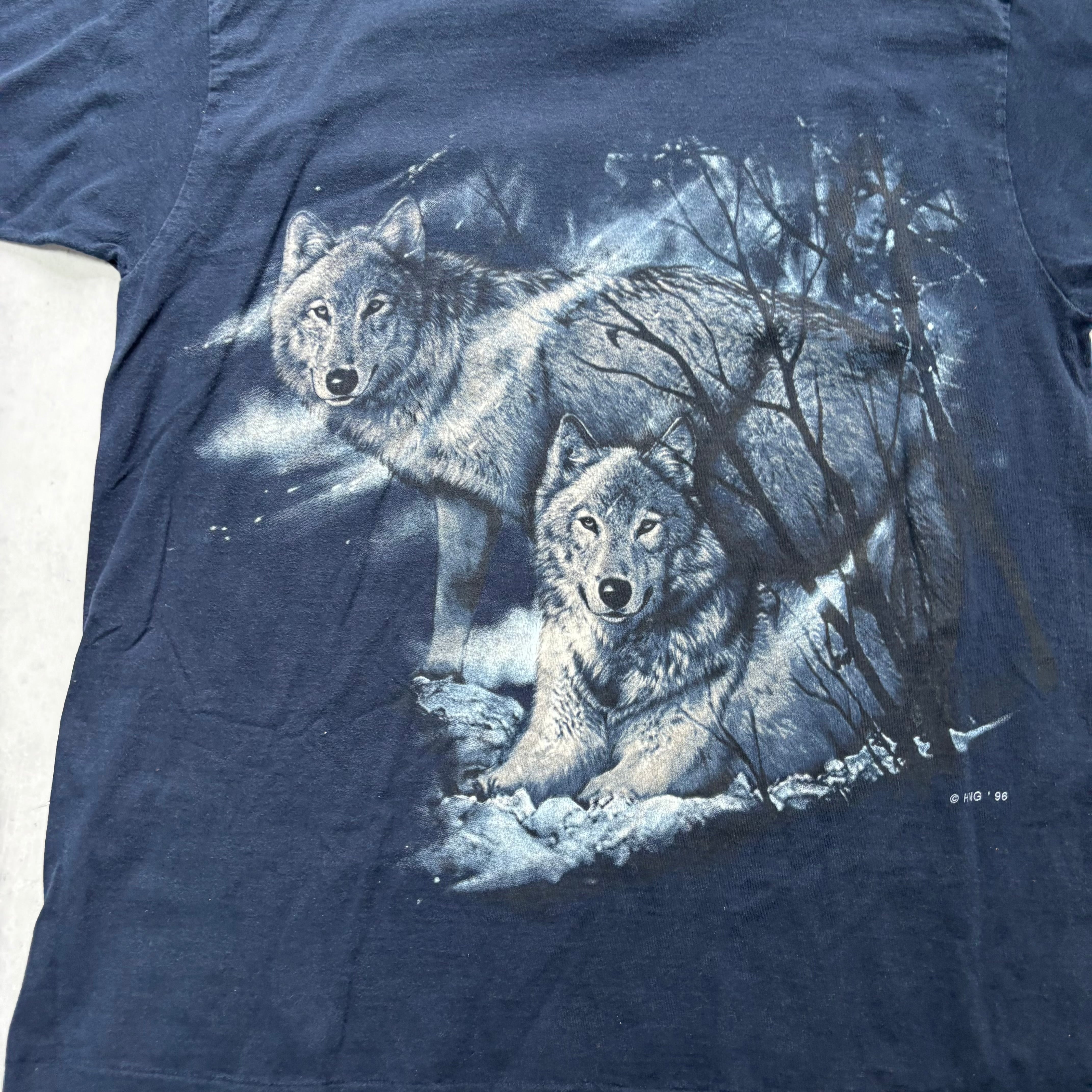 Vintage T Shirt Mens XL Navy Blue Single Stitch Graphic Print 90s Wolves (E)