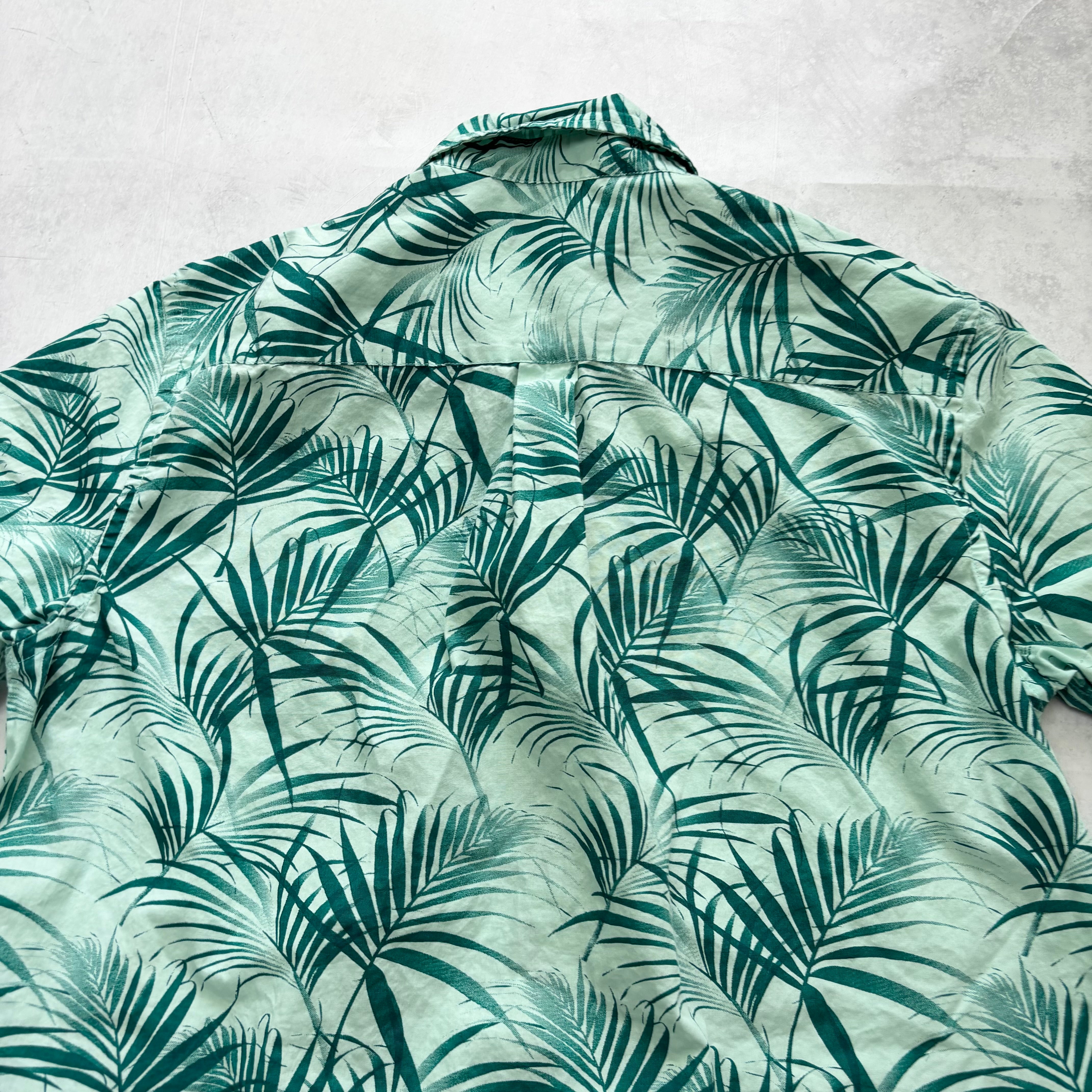 Vintage Chaps Hawaiian Shirt Mens Medium Green Floral Short Sleeve Cotton (E)