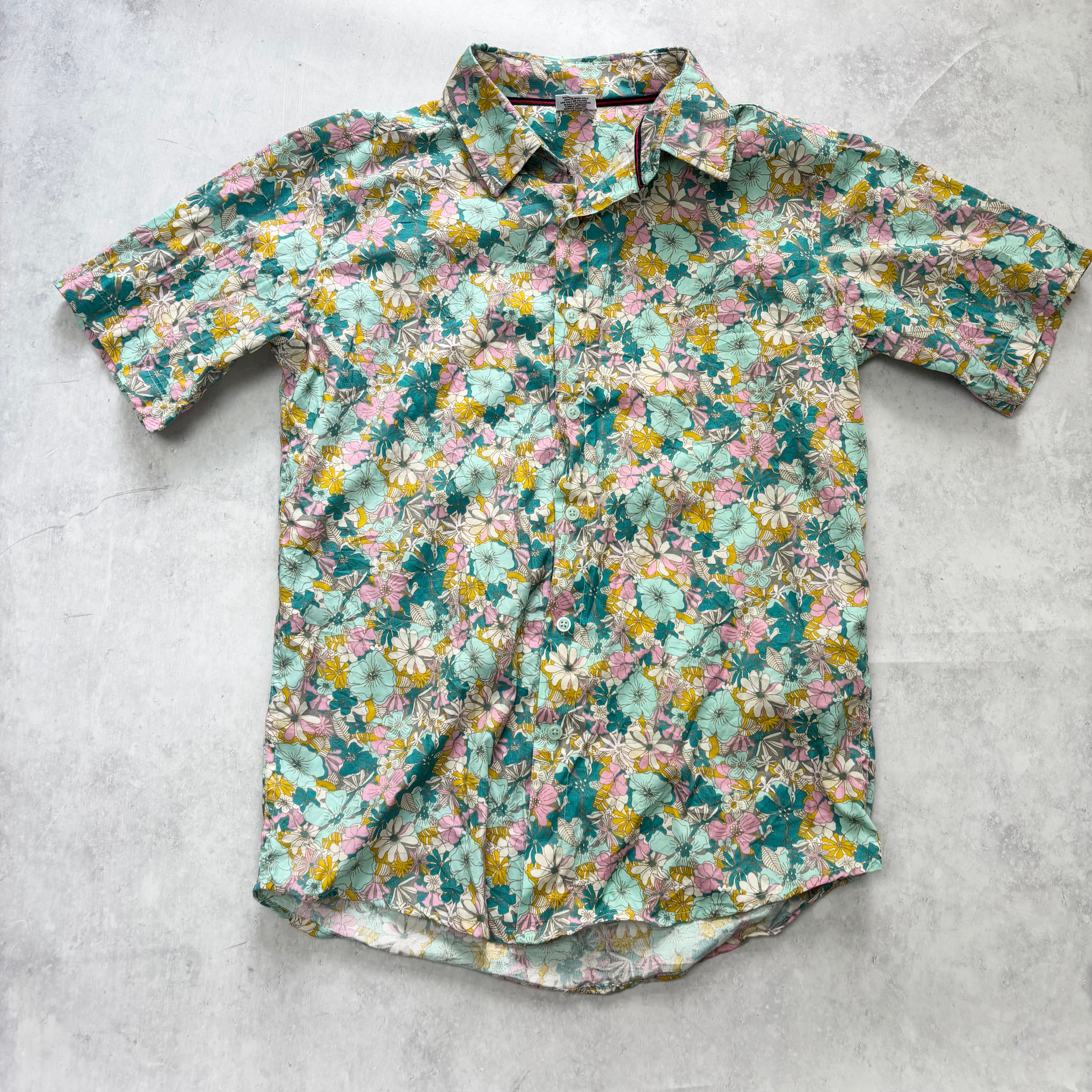 Hawaiian Shirt Mens Small Pink Blue Floral Aloha Short Sleeve Cotton Blend (E)