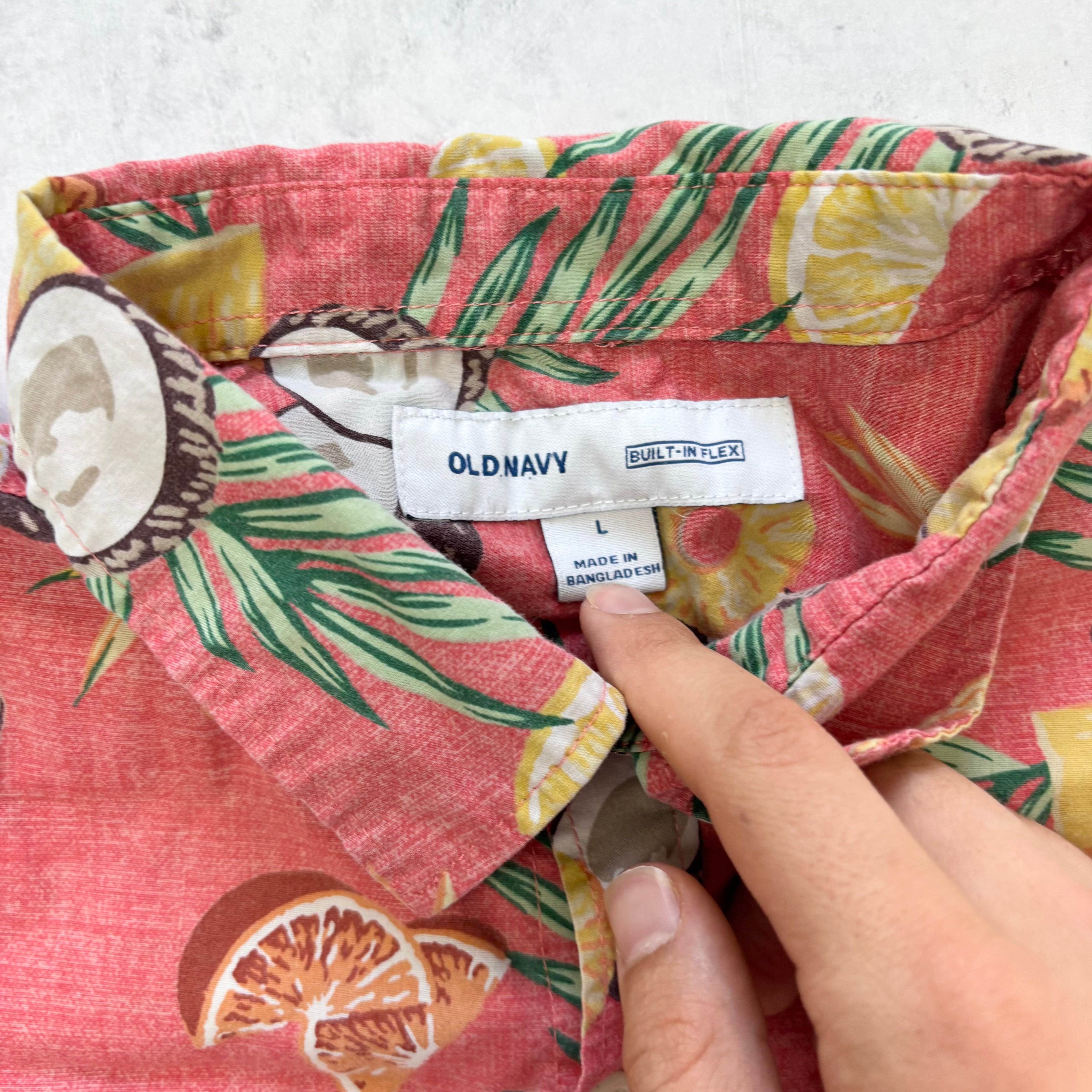 Old Navy Hawaiian Shirt Mens Large Pink Regular Fit Short Sleeve Cotton (E)