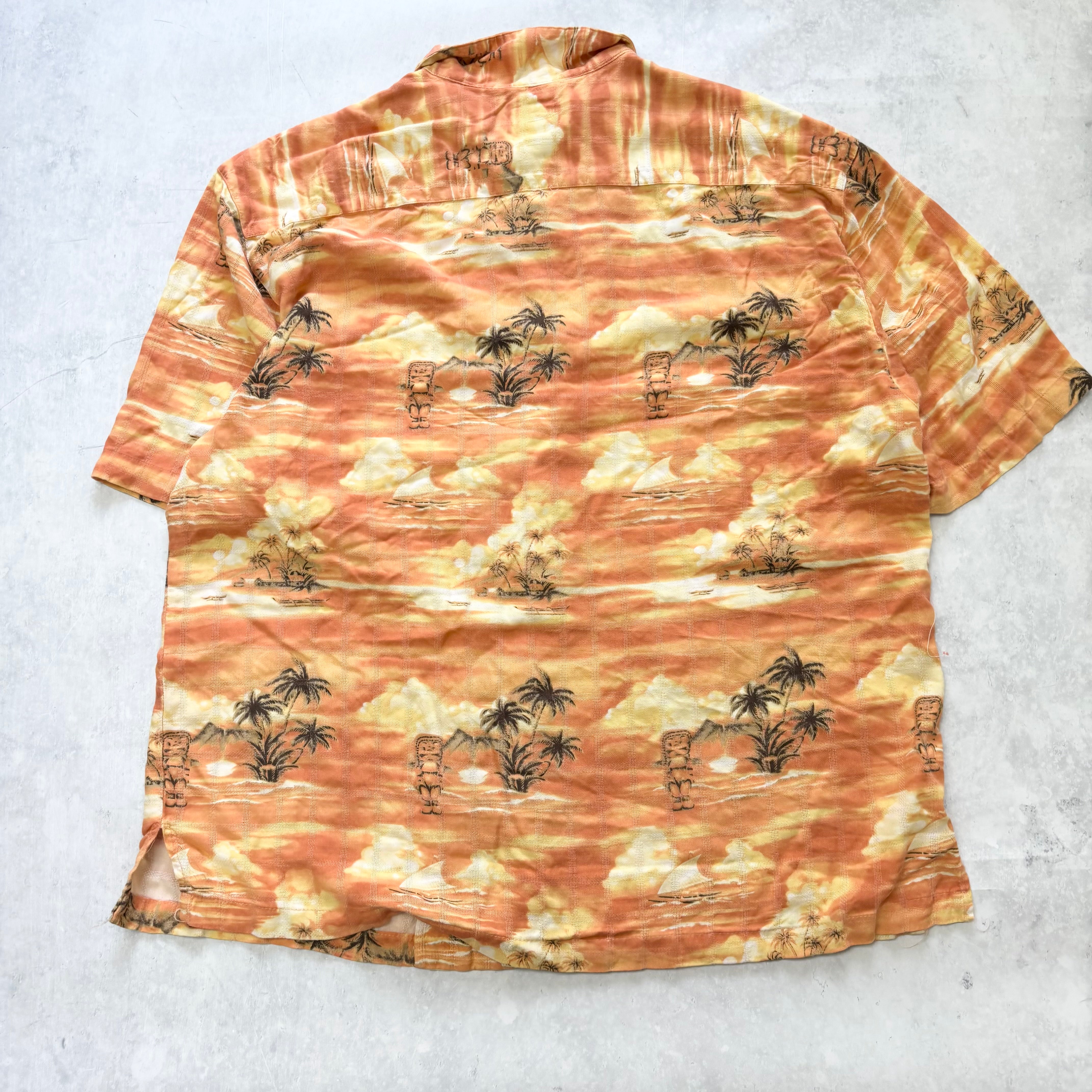 Hawaiian Shirt Mens XL Orange Floral Aloha Short Sleeve Rayon Funky (E)