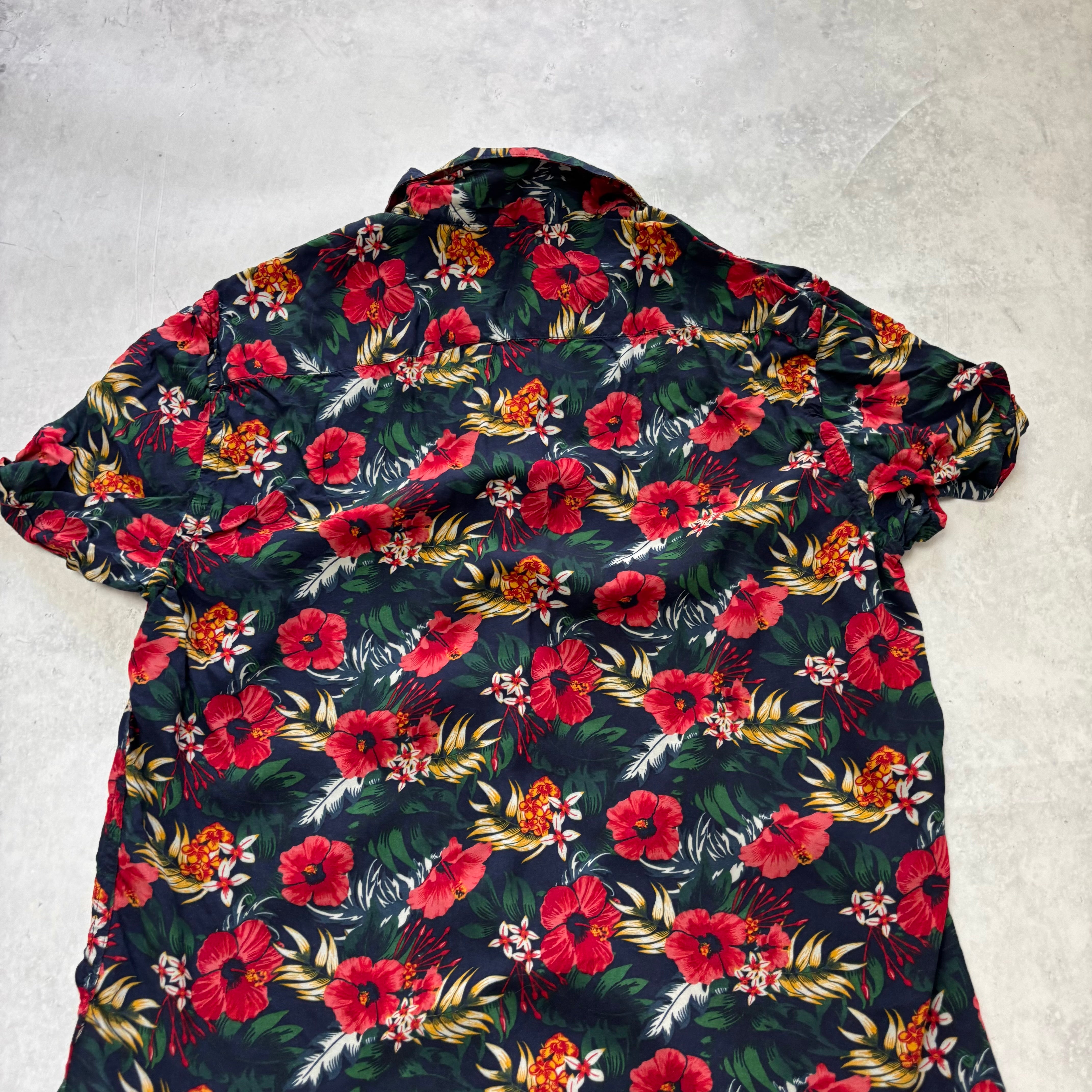 Hawaiian Shirt Mens Large Navy Multi Floral Short Sleeve Viscose Slim Fit (E)