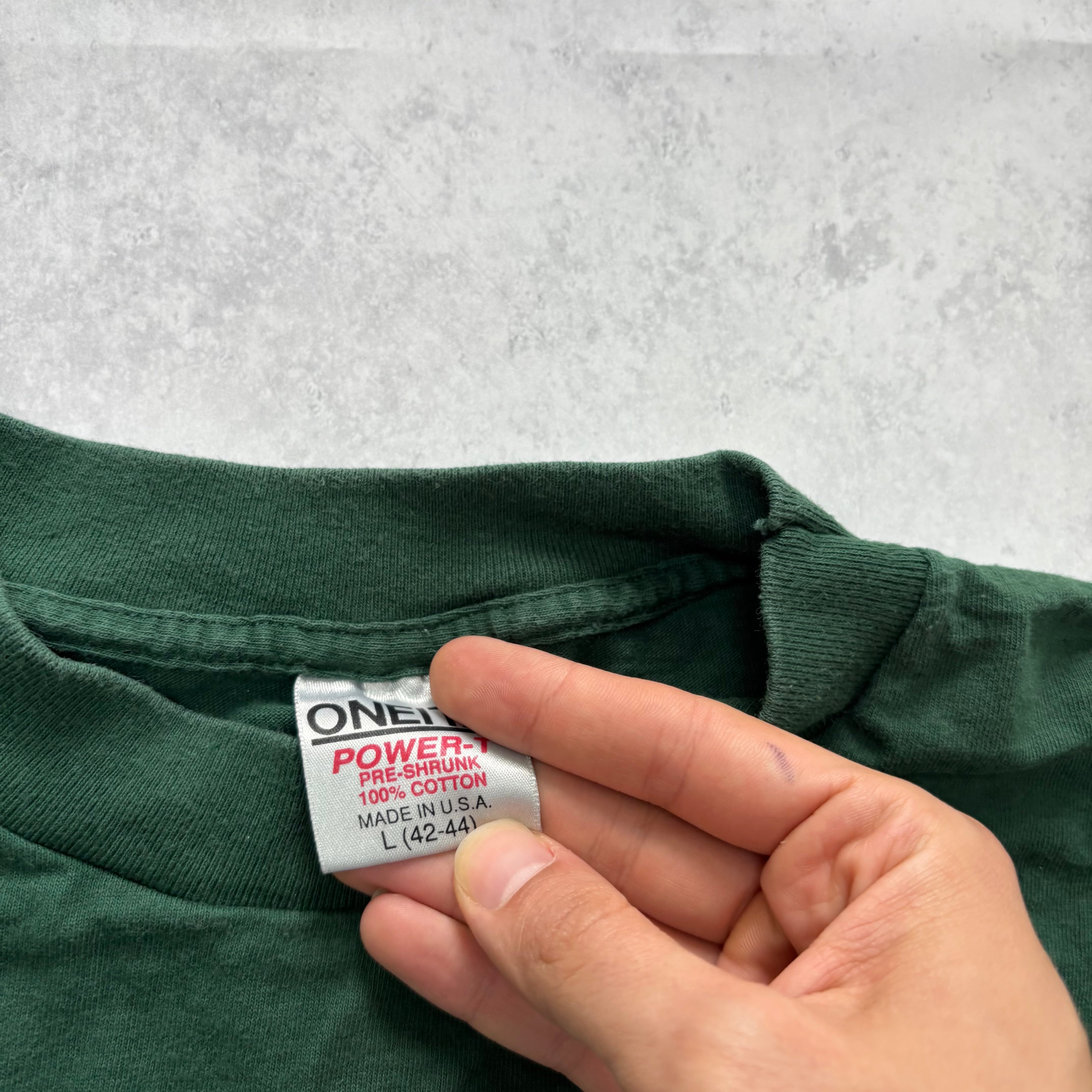 Vintage T Shirt Mens Medium Green Single Stitch Graphic Print 90s Boxy Fit (E)