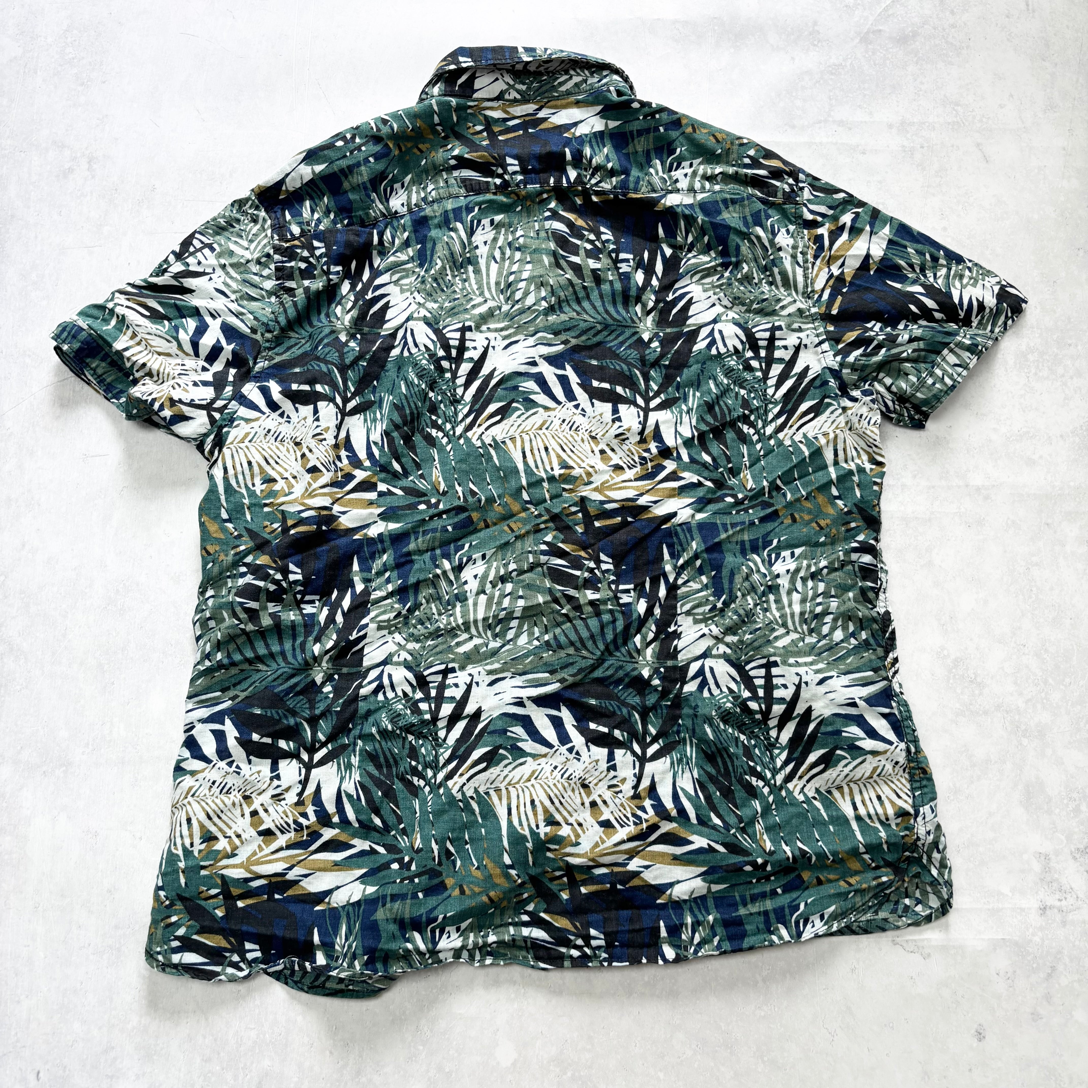 Hawaiian Shirt Mens XL Navy Green Floral Aloha Short Sleeve Slim Linen (E)