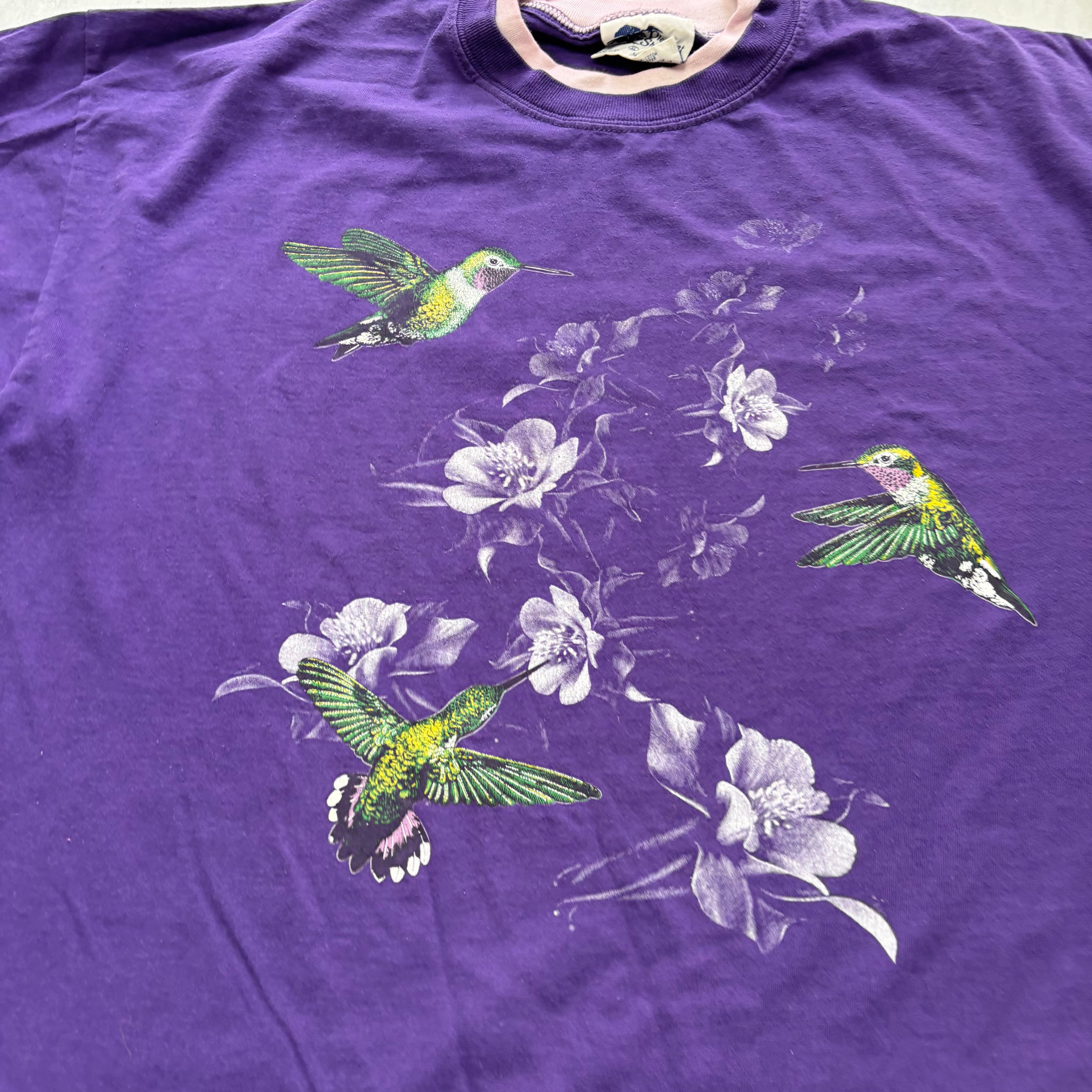 Vintage T Shirt Mens XL Purple Graphic Print 90s Birds Cottagecore (E)