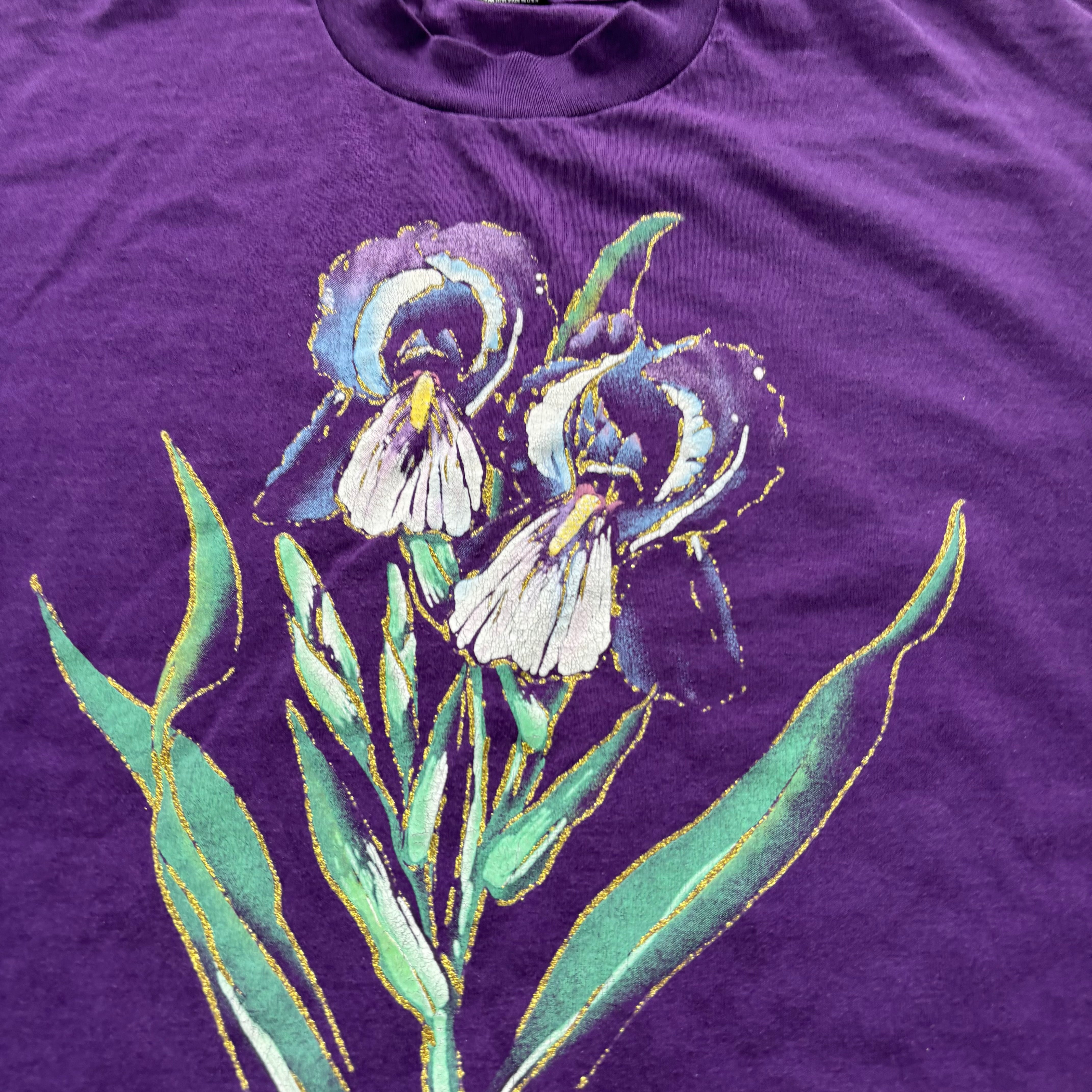 Vintage T Shirt Mens XL Purple Single Stitch Graphic Print 90s USA Flowers (E)