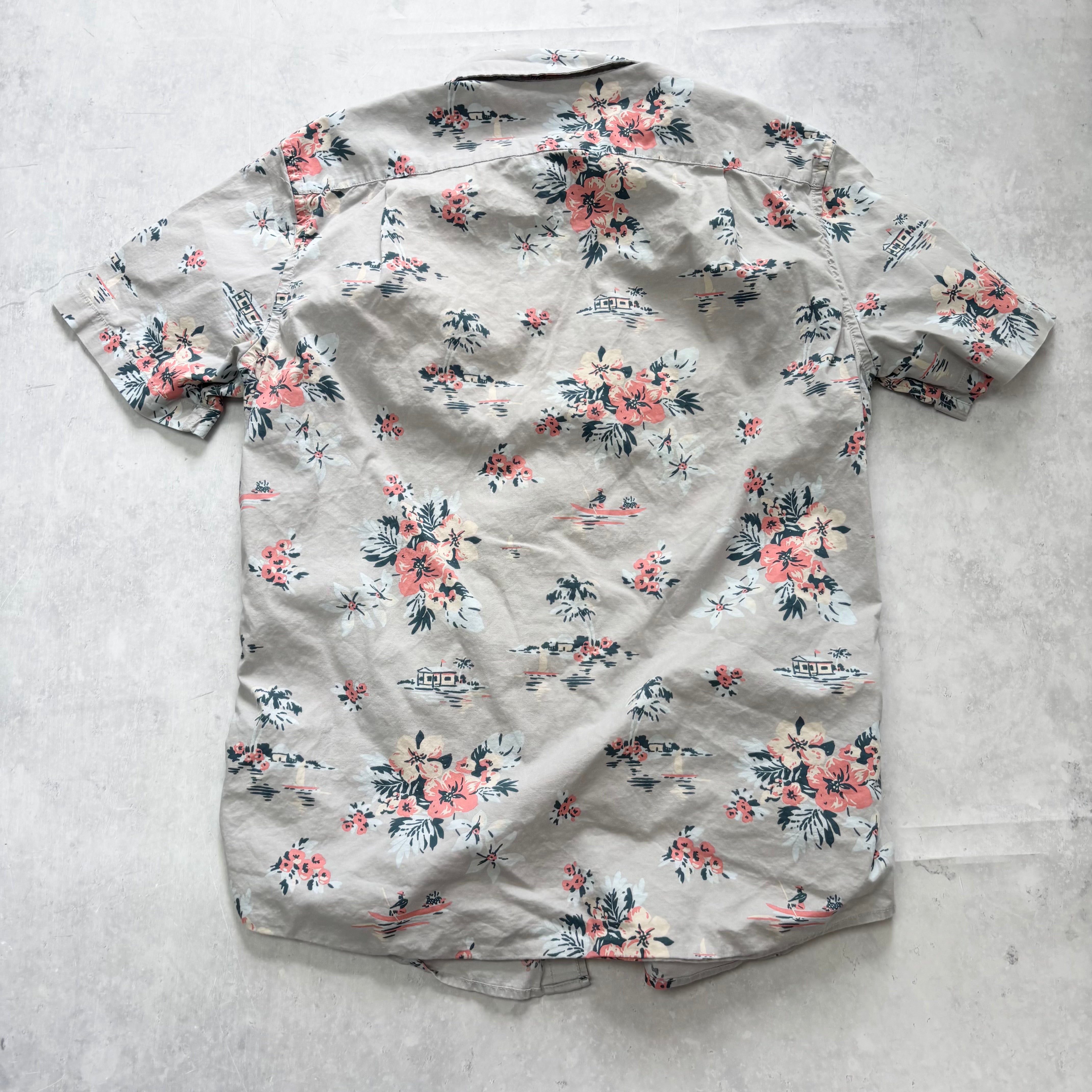 Sonoma Hawaiian Shirt Mens Small Grey Floral Aloha Short Sleeve Cotton (E)
