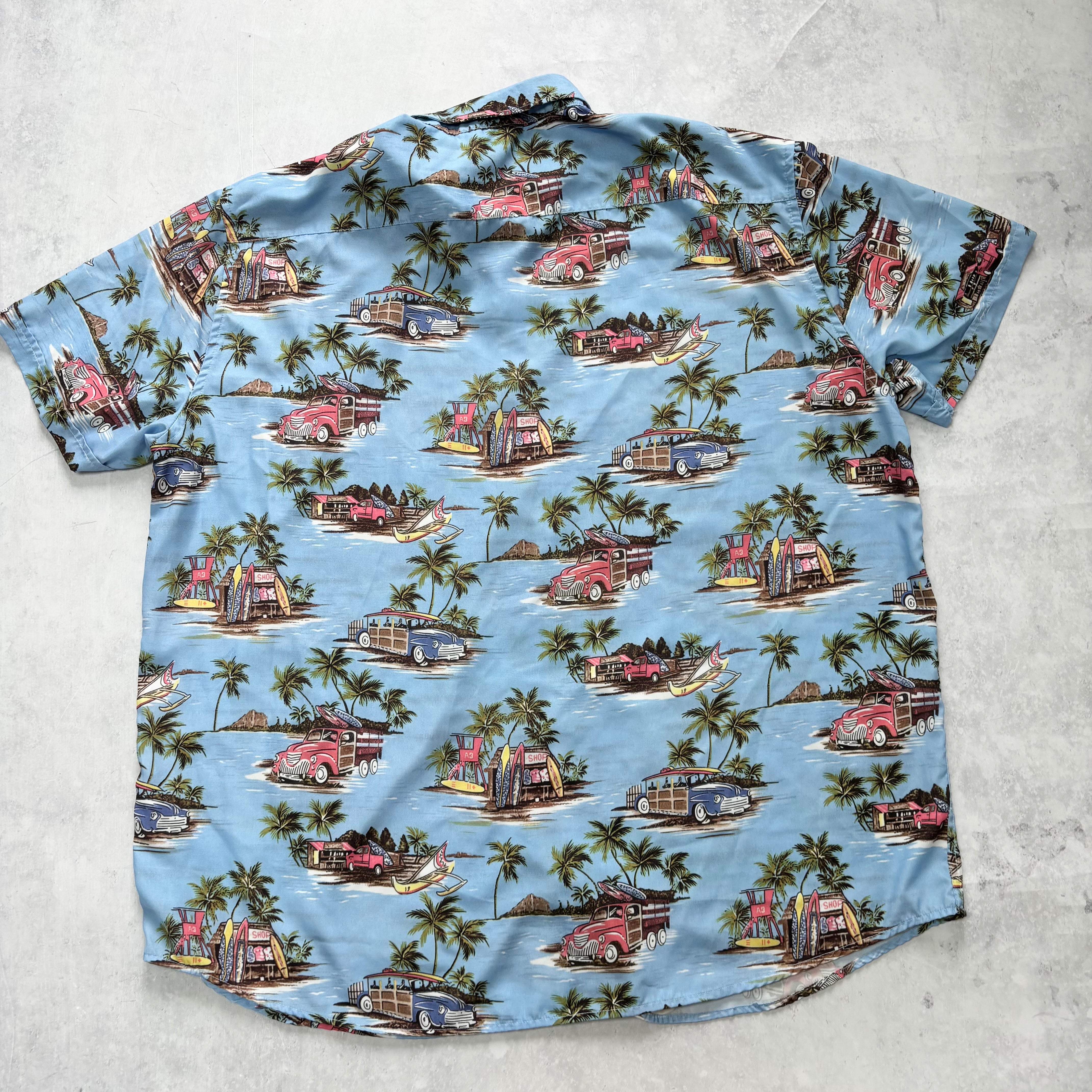 Hawaiian Shirt Mens XXL Blue Floral Aloha Short Sleeve Polyester (E)