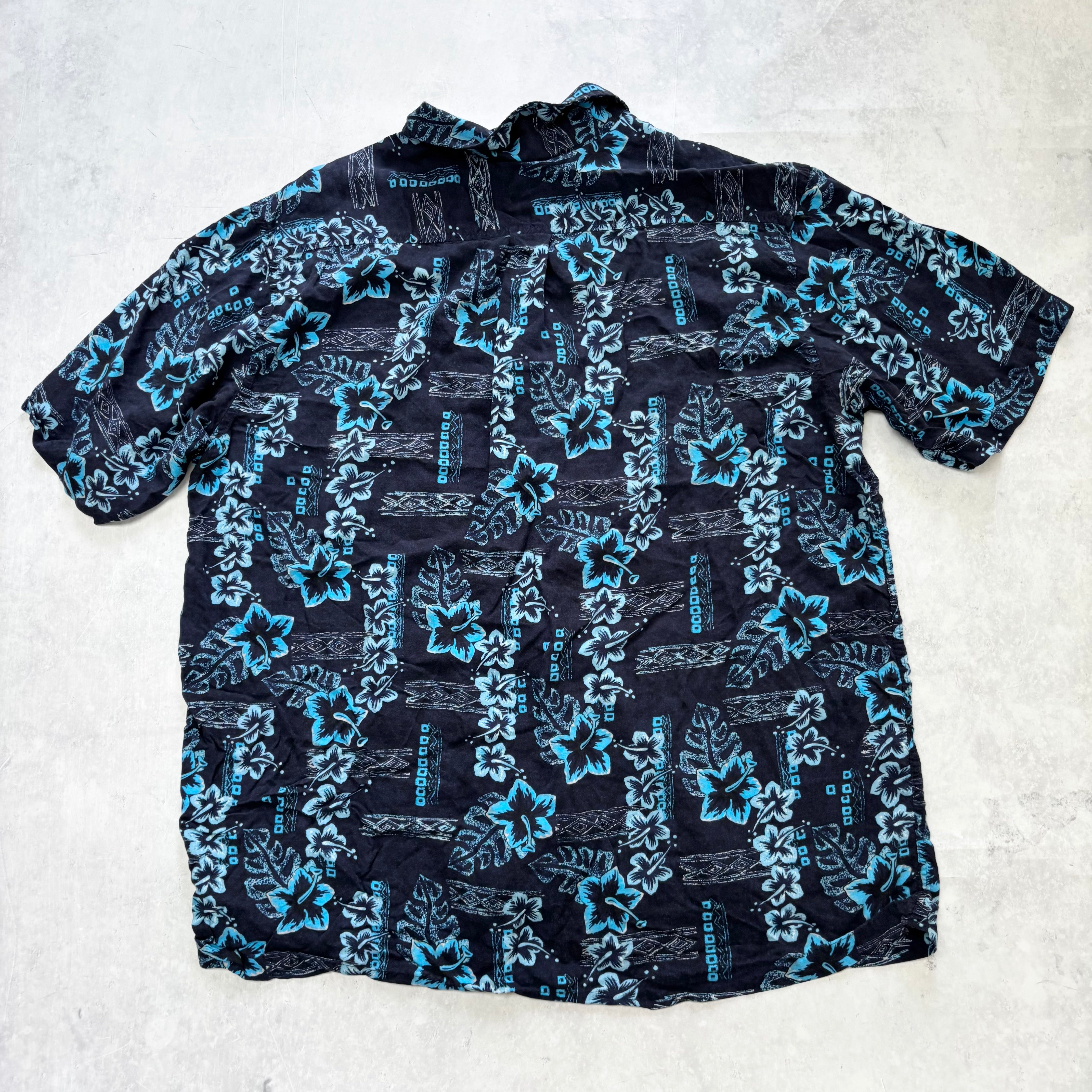 Hawaiian Shirt Mens XL Navy Blue Floral Aloha Short Sleeve Rayon (E)