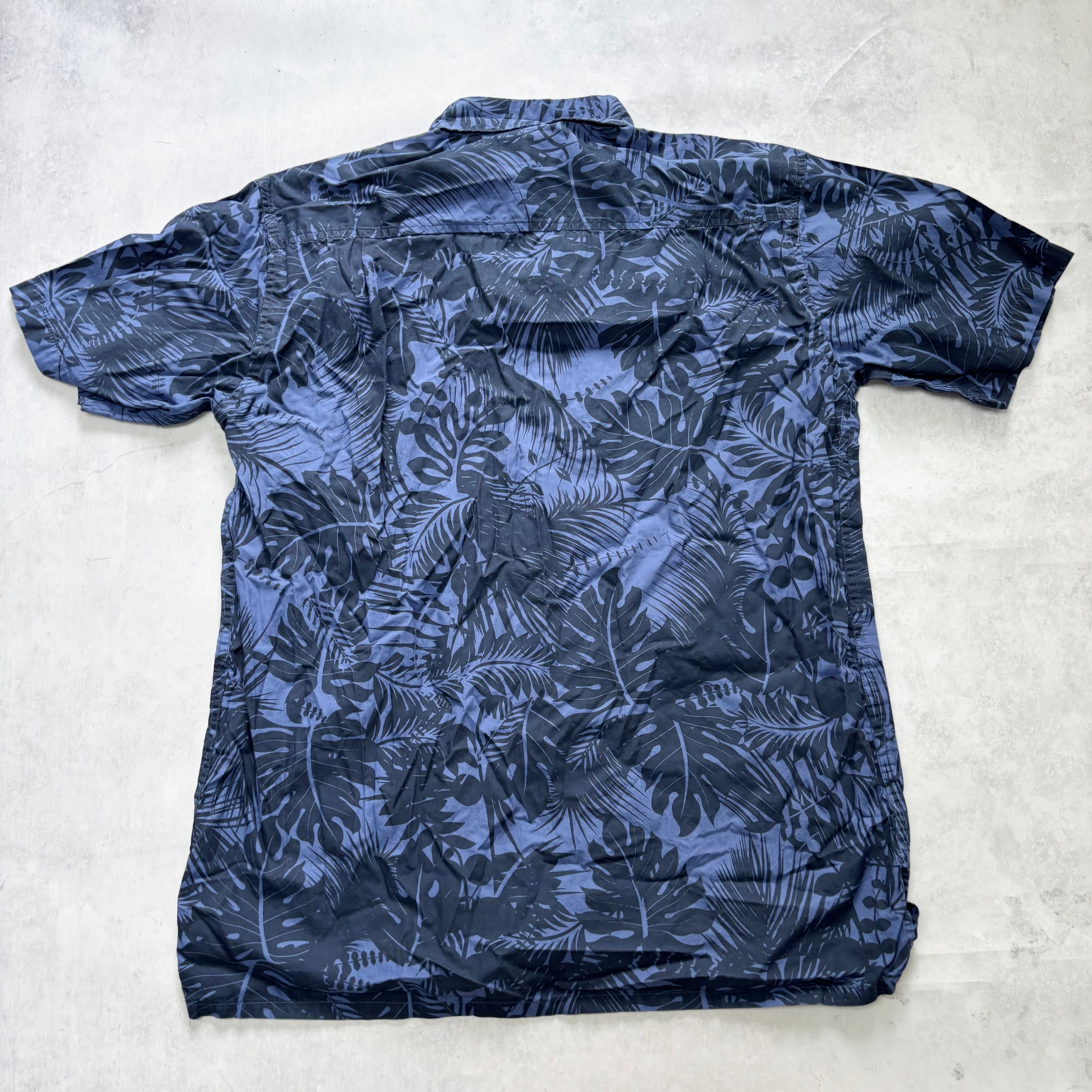 Hawaiian Shirt Mens XL Navy Blue Floral Aloha Short Sleeve Cotton (E)