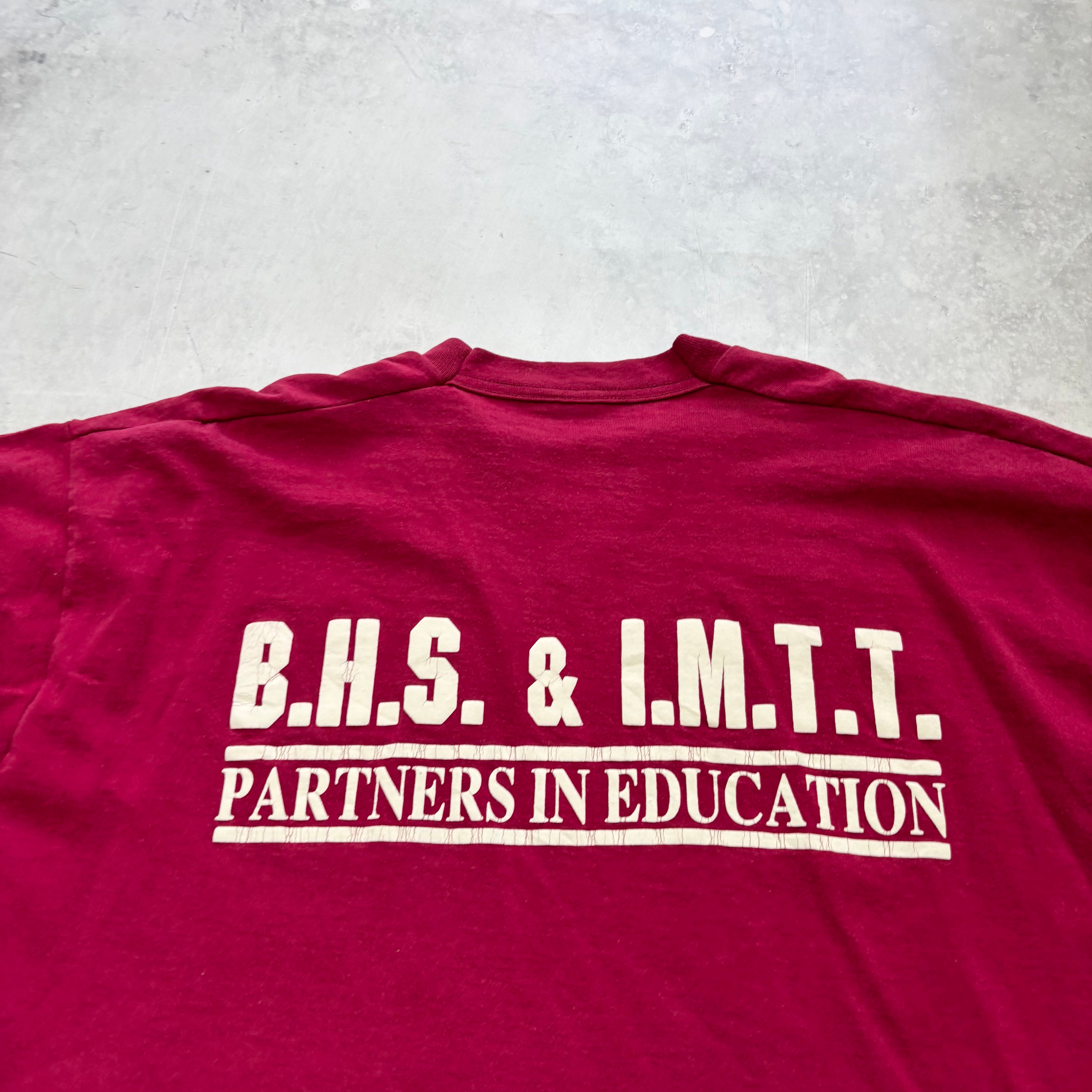 Vintage T Shirt Mens Large Burgundy Single Stitch Graphic Print 90s College (E)