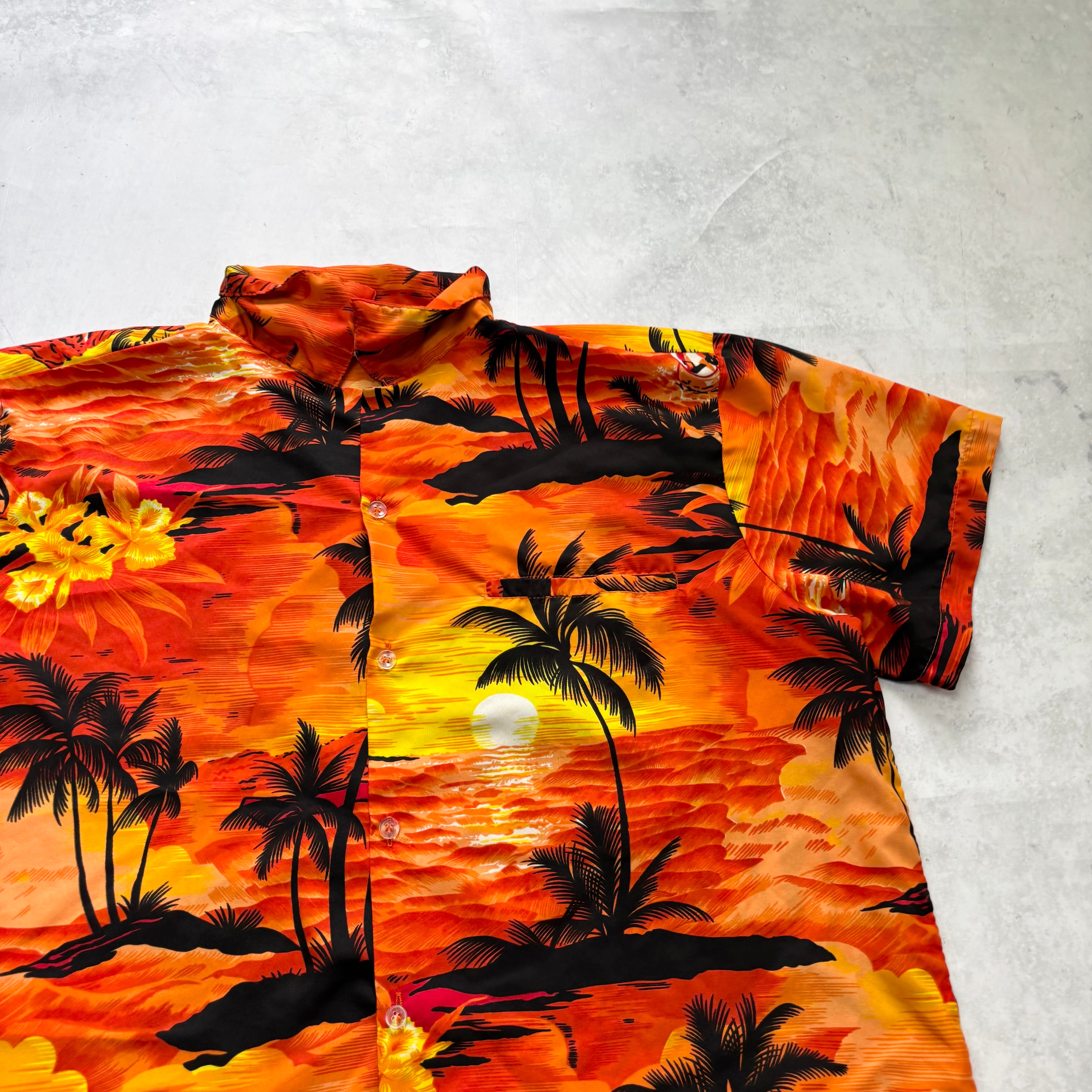 Hawaiian Shirt Mens Large Orange Floral Aloha Short Sleeve Polyester (E)