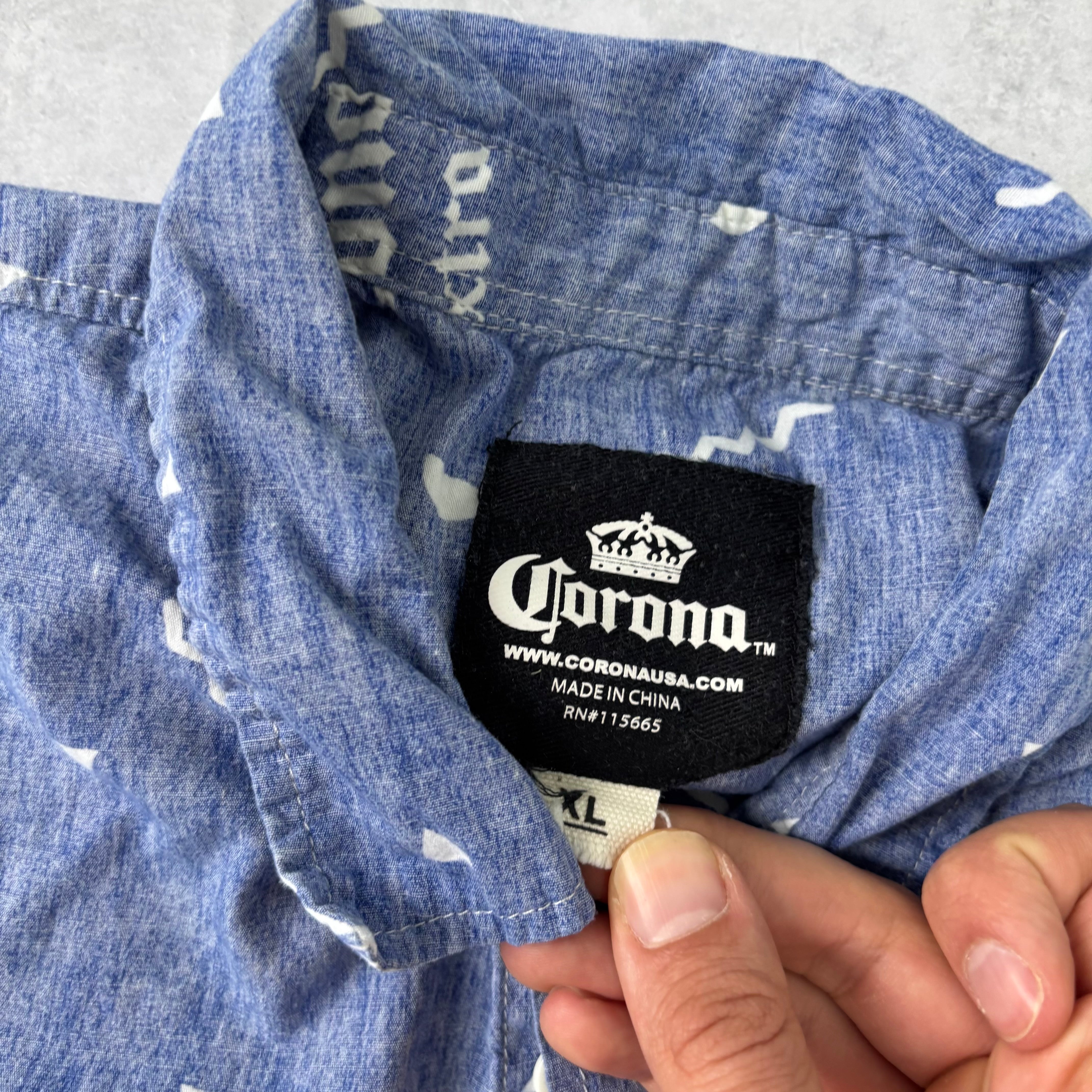 Corona Hawaiian Shirt Mens XL Blue Short Sleeve Beer Cotton (E)