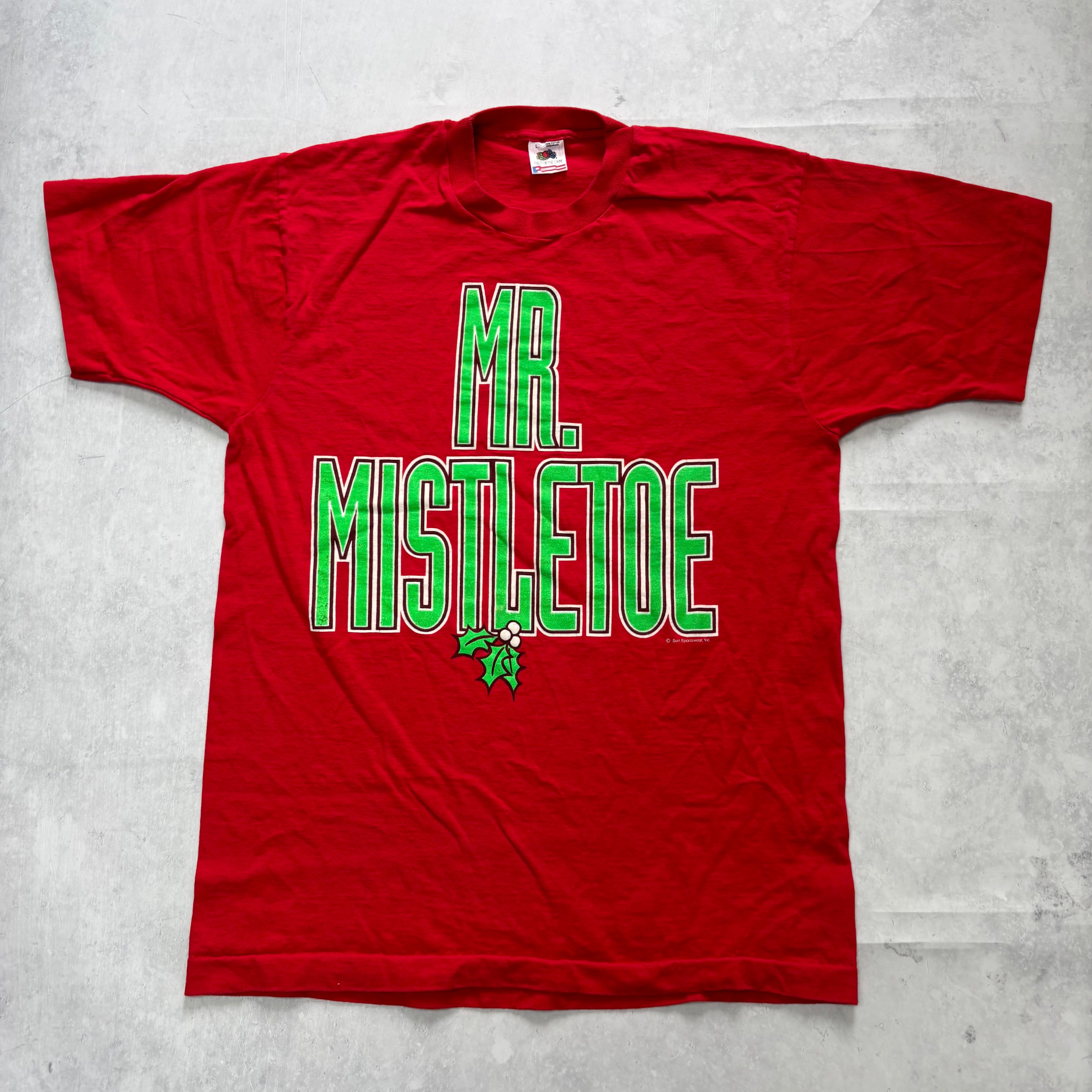 Vintage T Shirt Mens Large Red Single Stitch Graphic Print 90s USA Xmas (E)