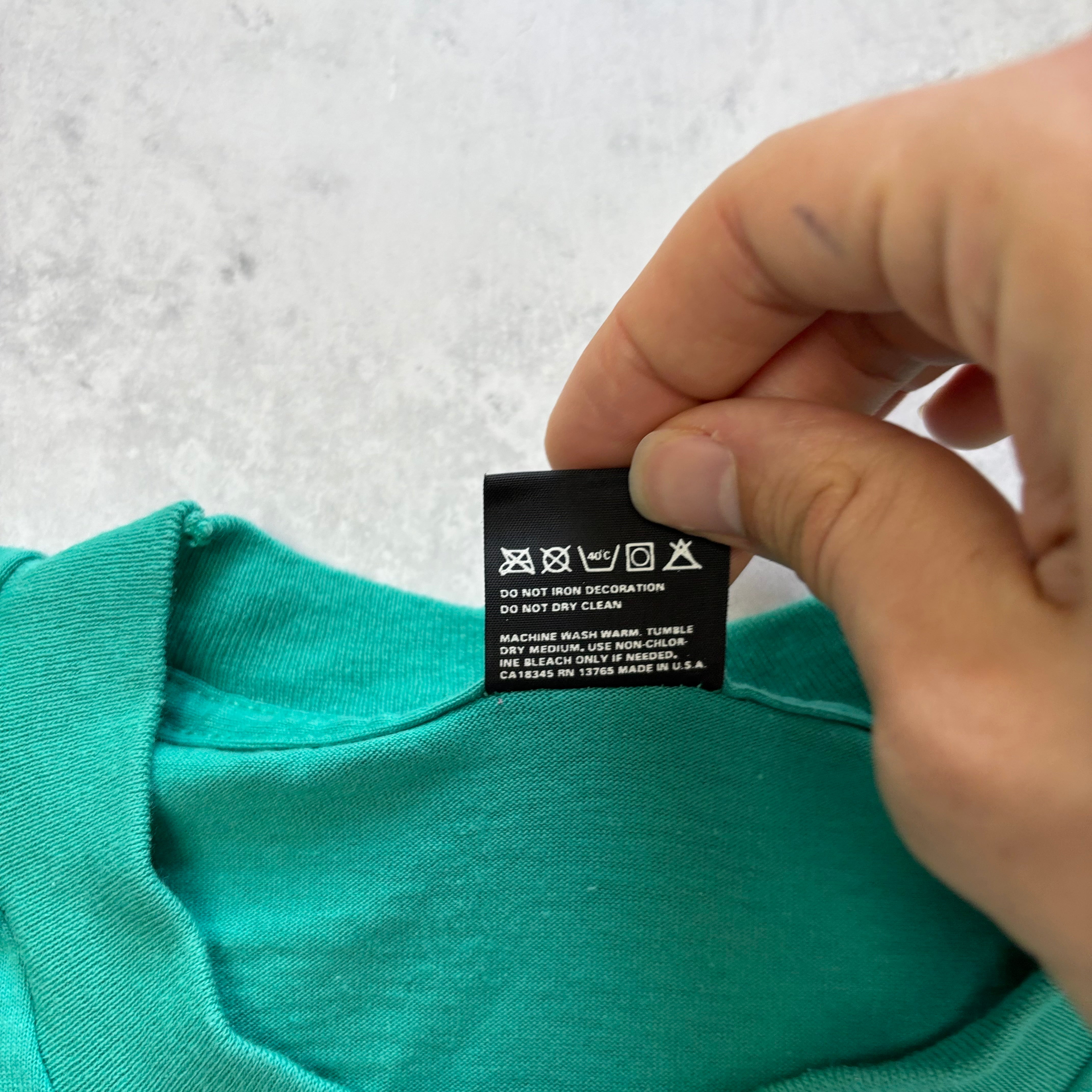 Vintage T Shirt Mens Medium Teal Green Single Stitch Graphic Print 90s Run (E)