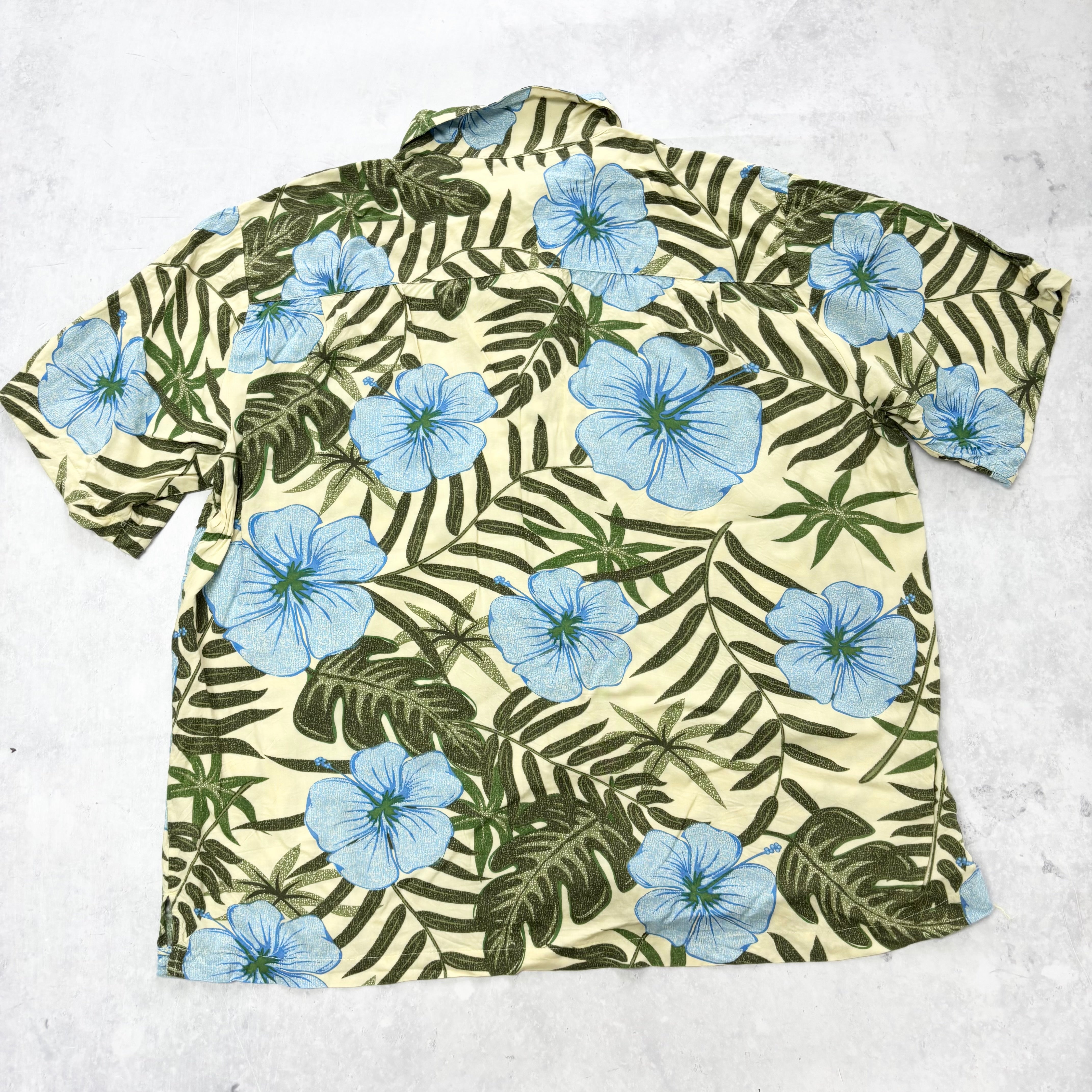 Vintage Hawaiian Shirt Mens XXL Blue Yellow Floral Aloha Short Sleeve Rayon (E)