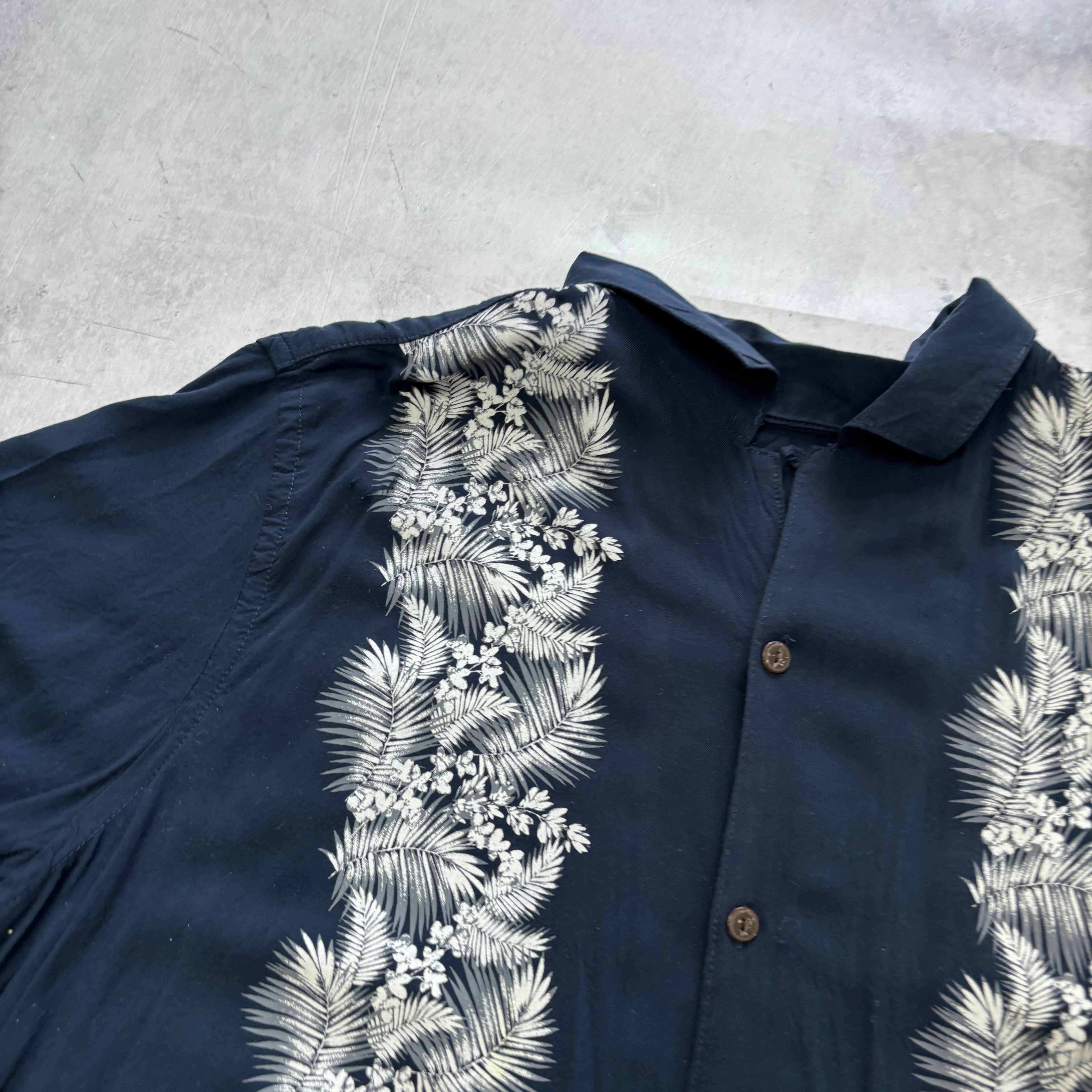 Hawaiian Shirt Mens Large Navy Floral Aloha Short Sleeve Rayon (E)