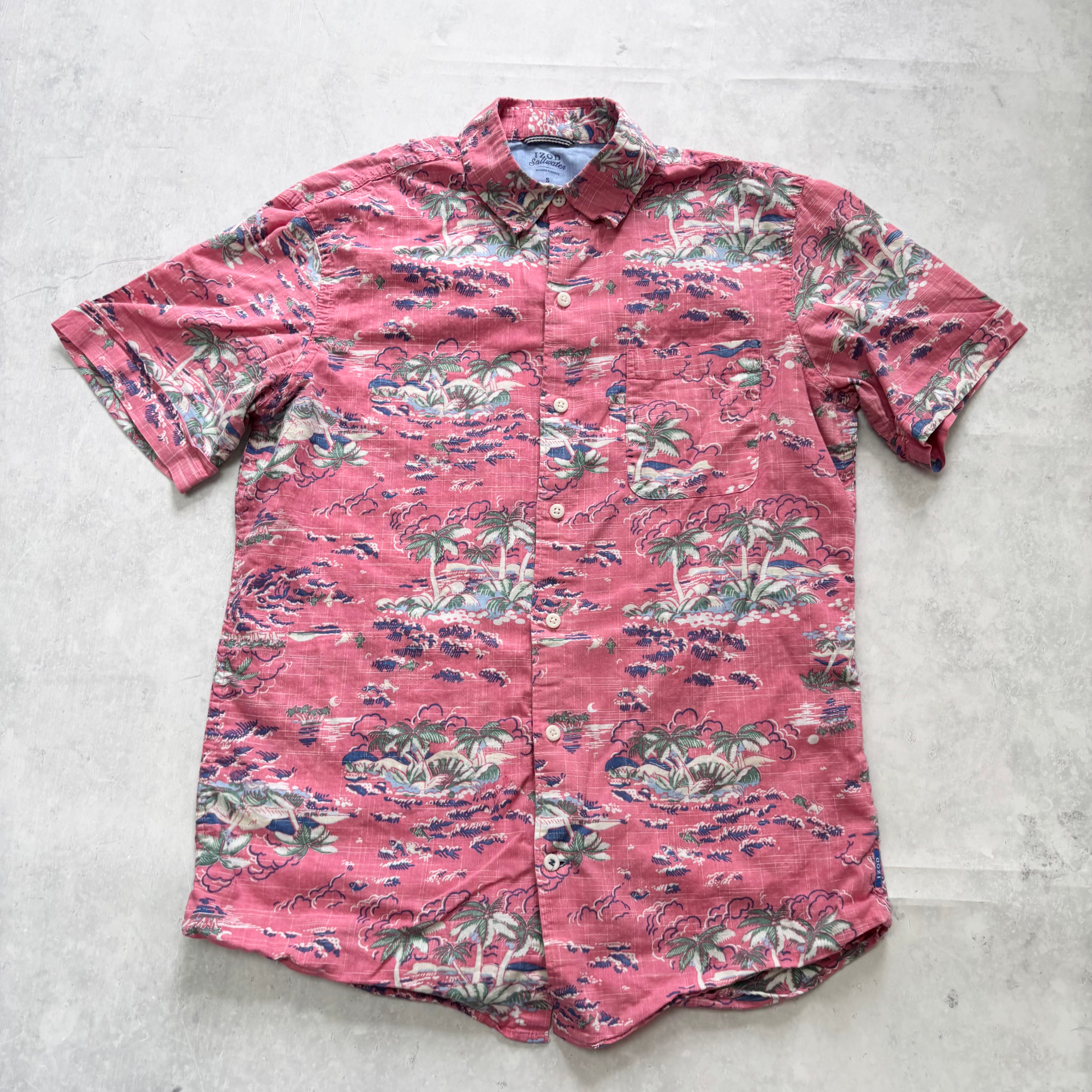 IZOD Hawaiian Shirt Mens Small Pink Short Sleeve Cotton (E)