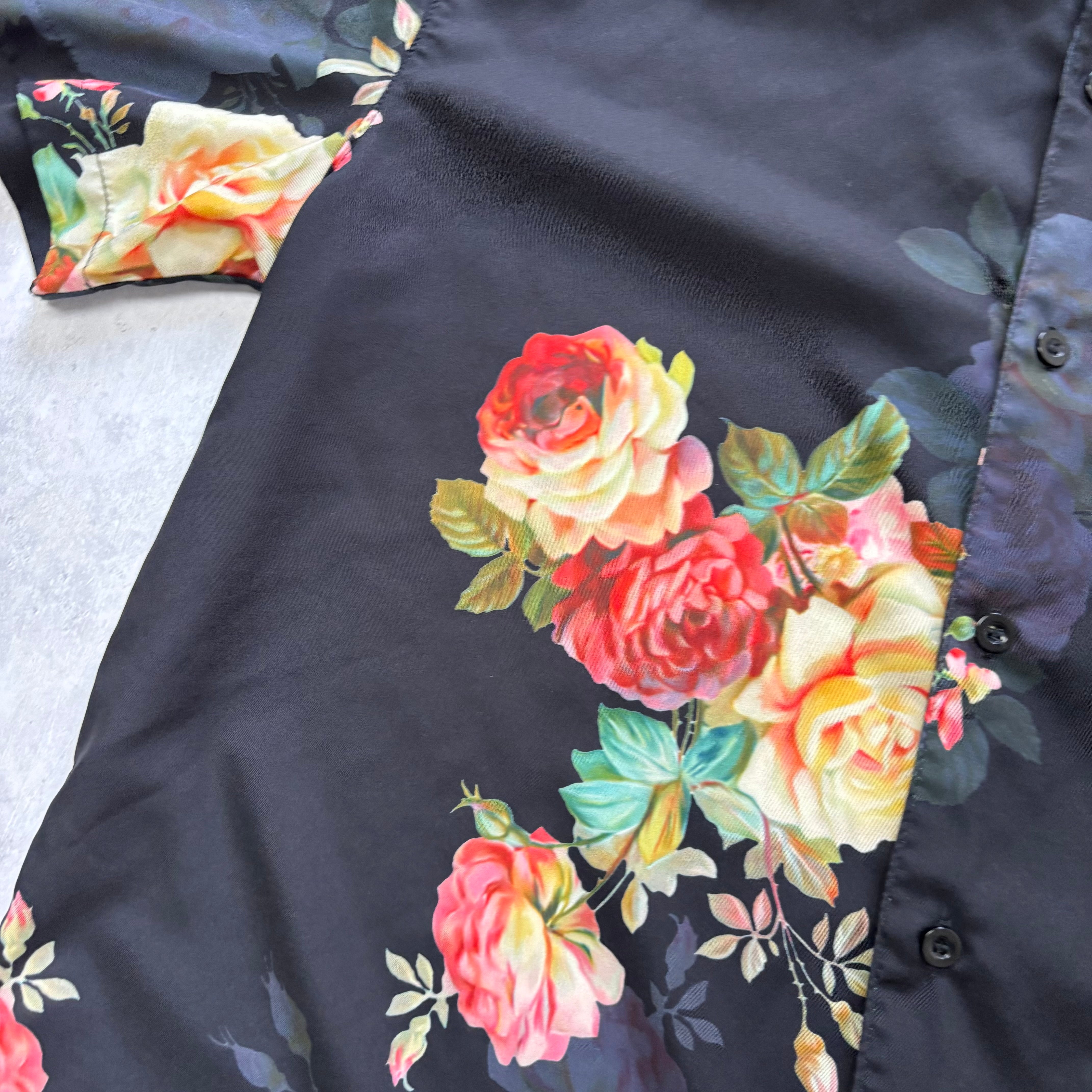 Hawaiian Shirt Mens Large Black Floral Aloha Short Sleeve Lightweight Polyester (E)