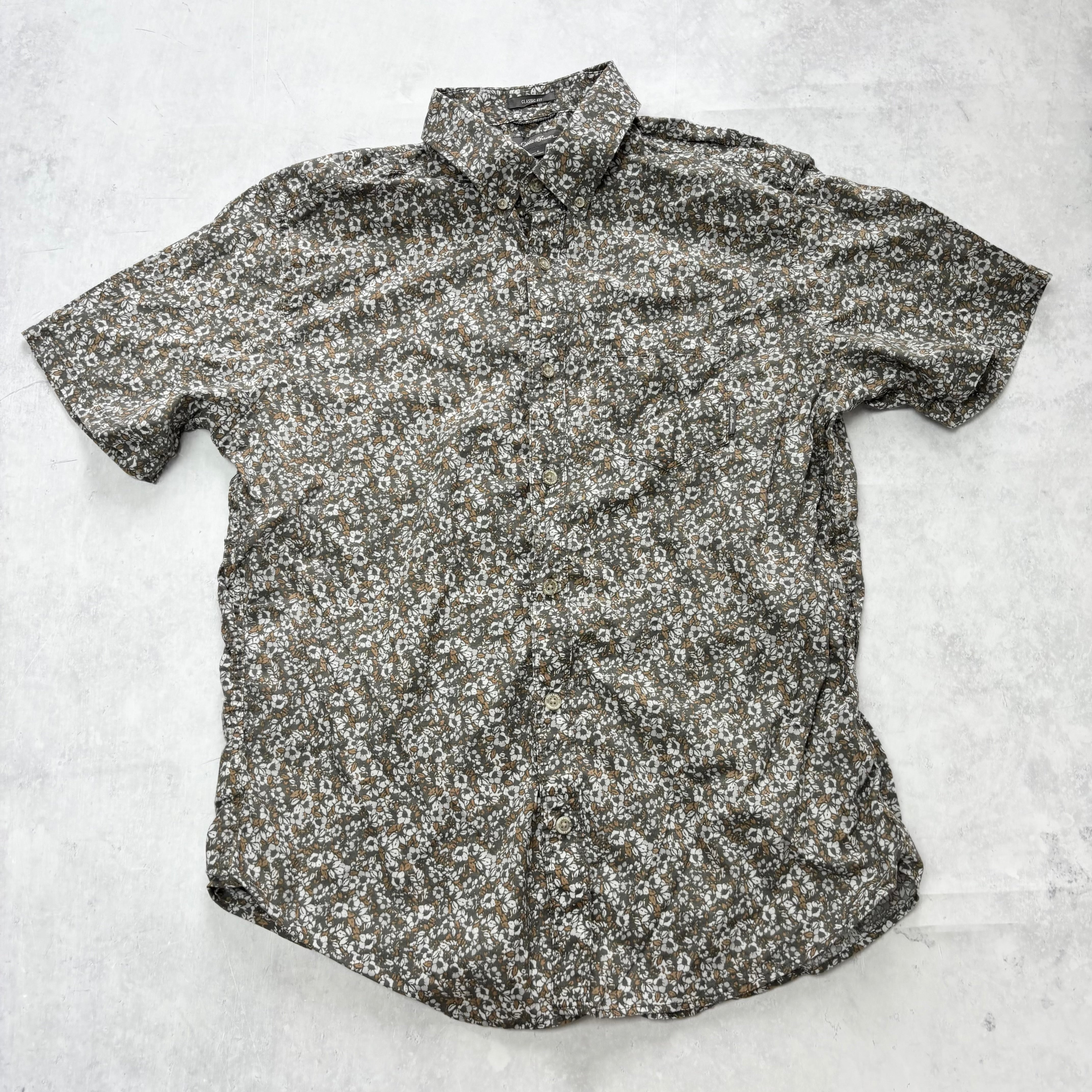 Eddie Bauer Hawaiian Shirt Mens Large Green Slim Fit Short Sleeve Cotton (E)