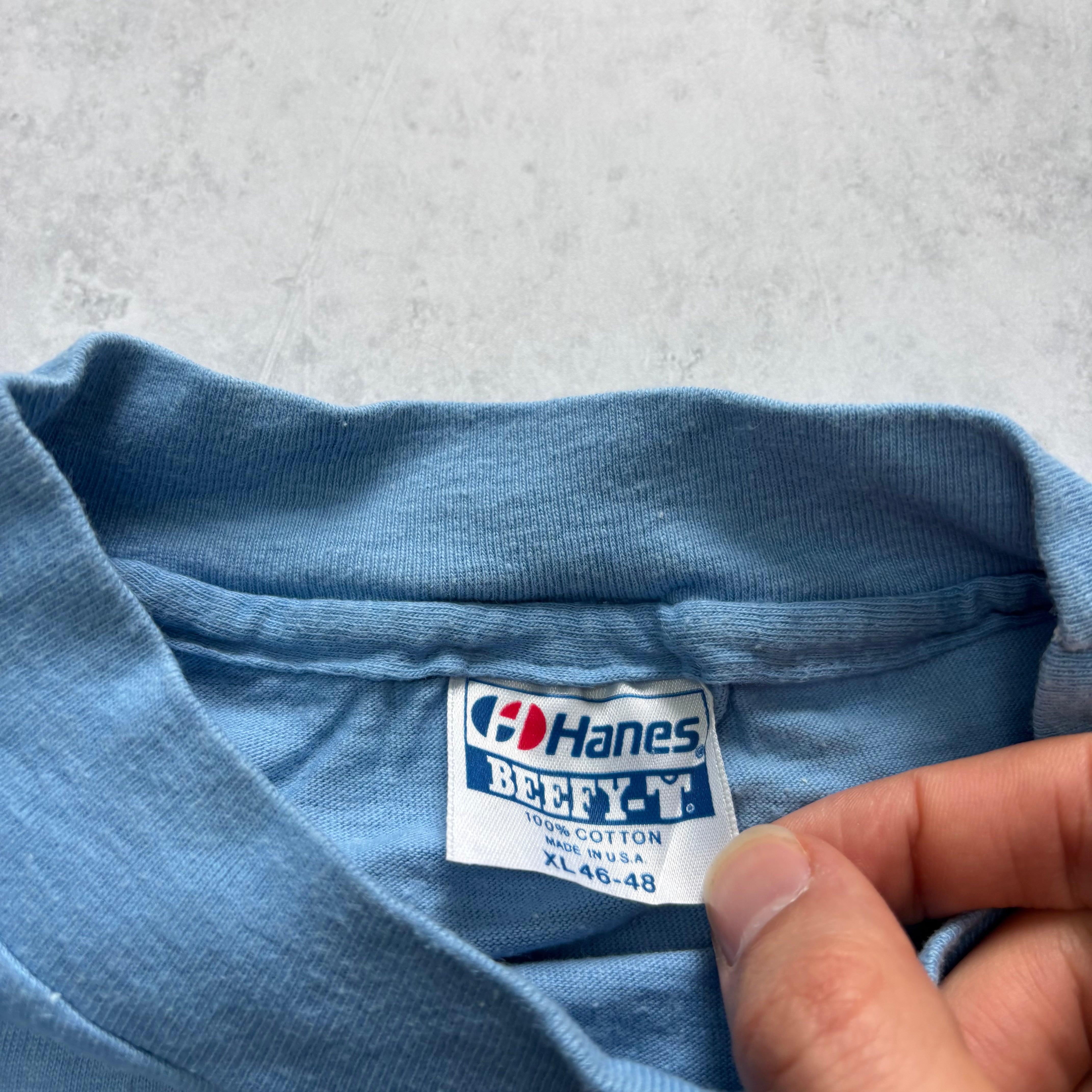 Vintage T Shirt Mens Large Blue Single Stitch Graphic Print 90s USA Beefy-T (E)