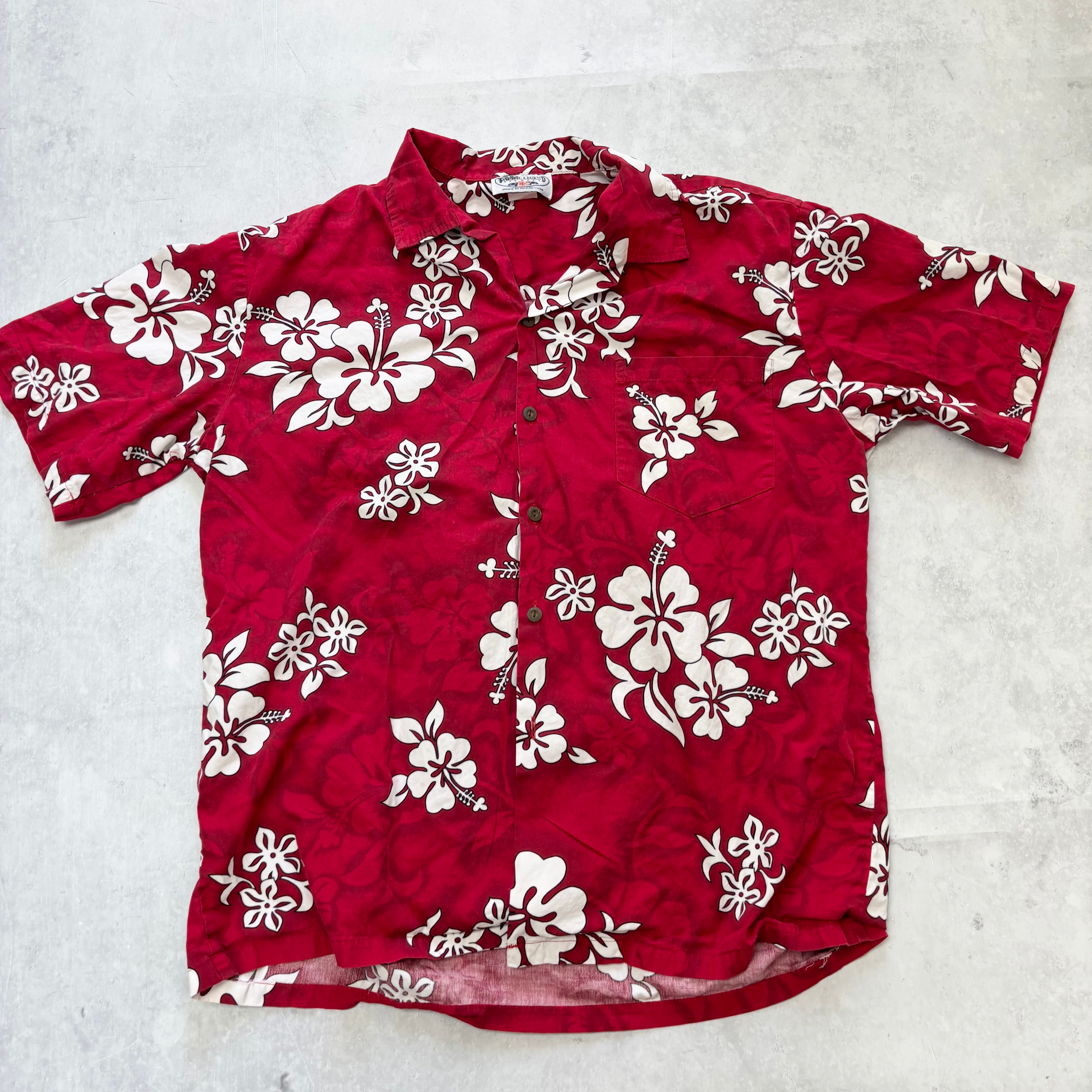 Vintage Hawaiian Shirt Mens Large Red Floral Aloha Short Sleeve Cotton