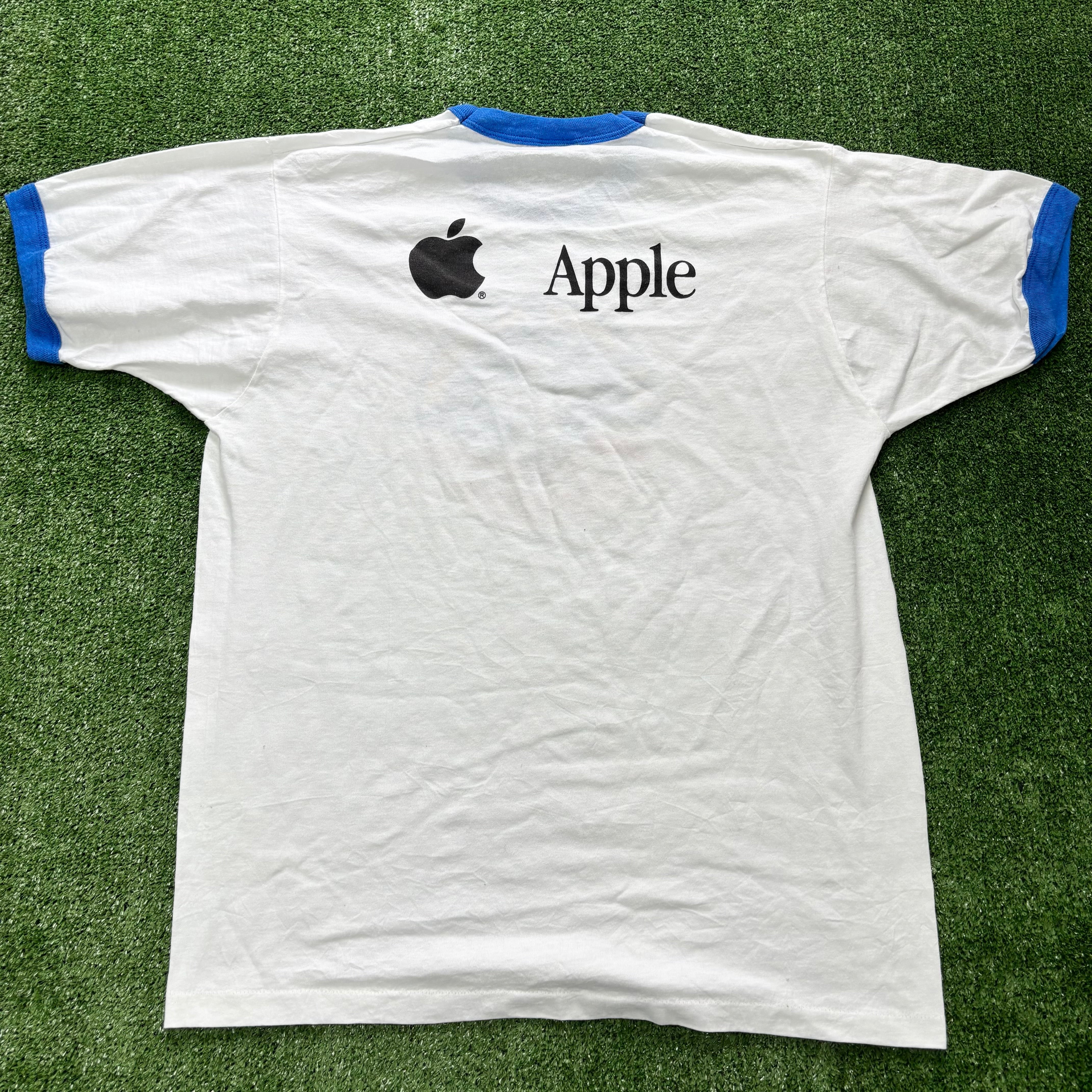 Vintage Ringer T Shirt Mens XL White Single Stitch Graphic Print 90s Apple (E)