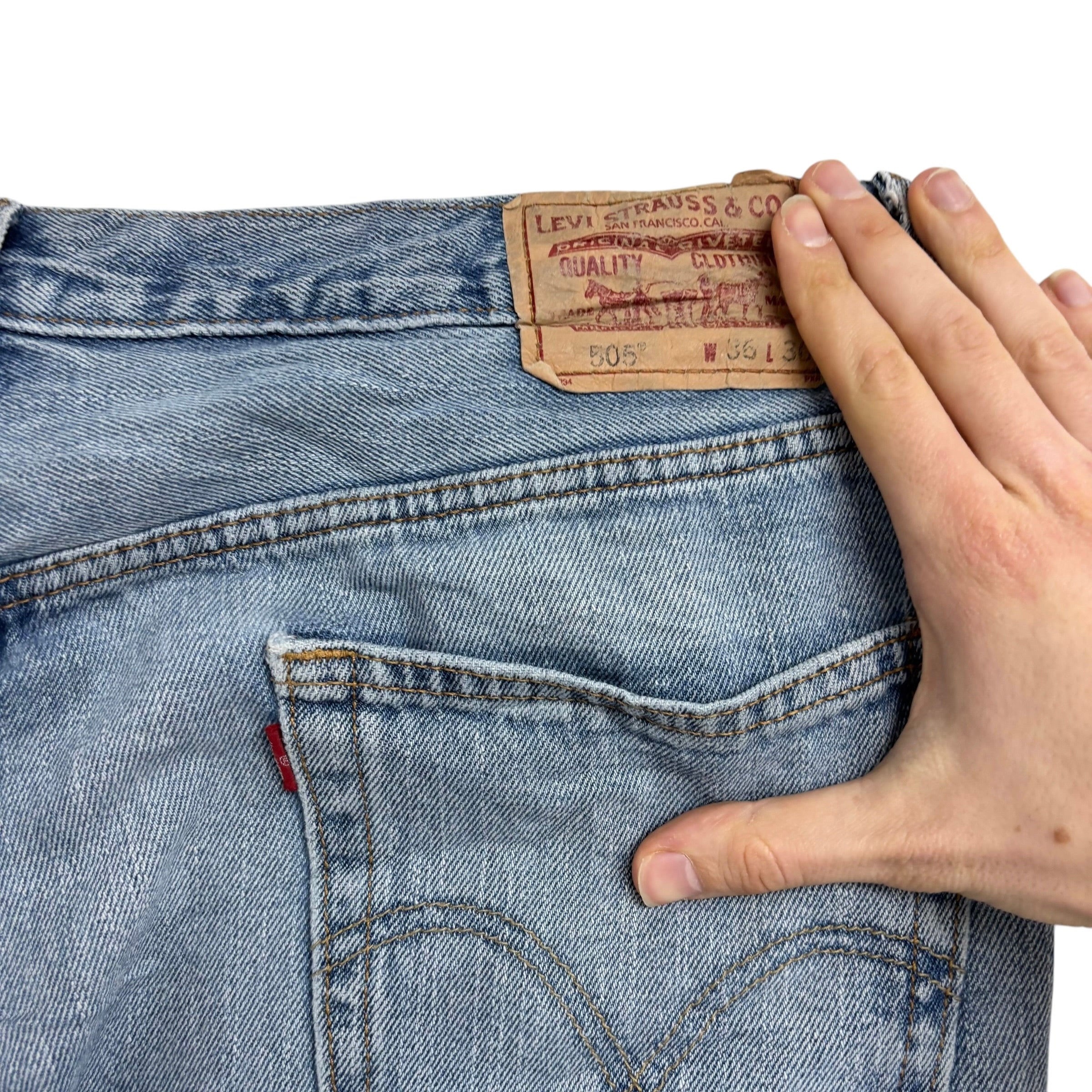Levis 505 Jeans W36 L30 Mens Light Blue Regular Straight Fit Vintage Denim (E)