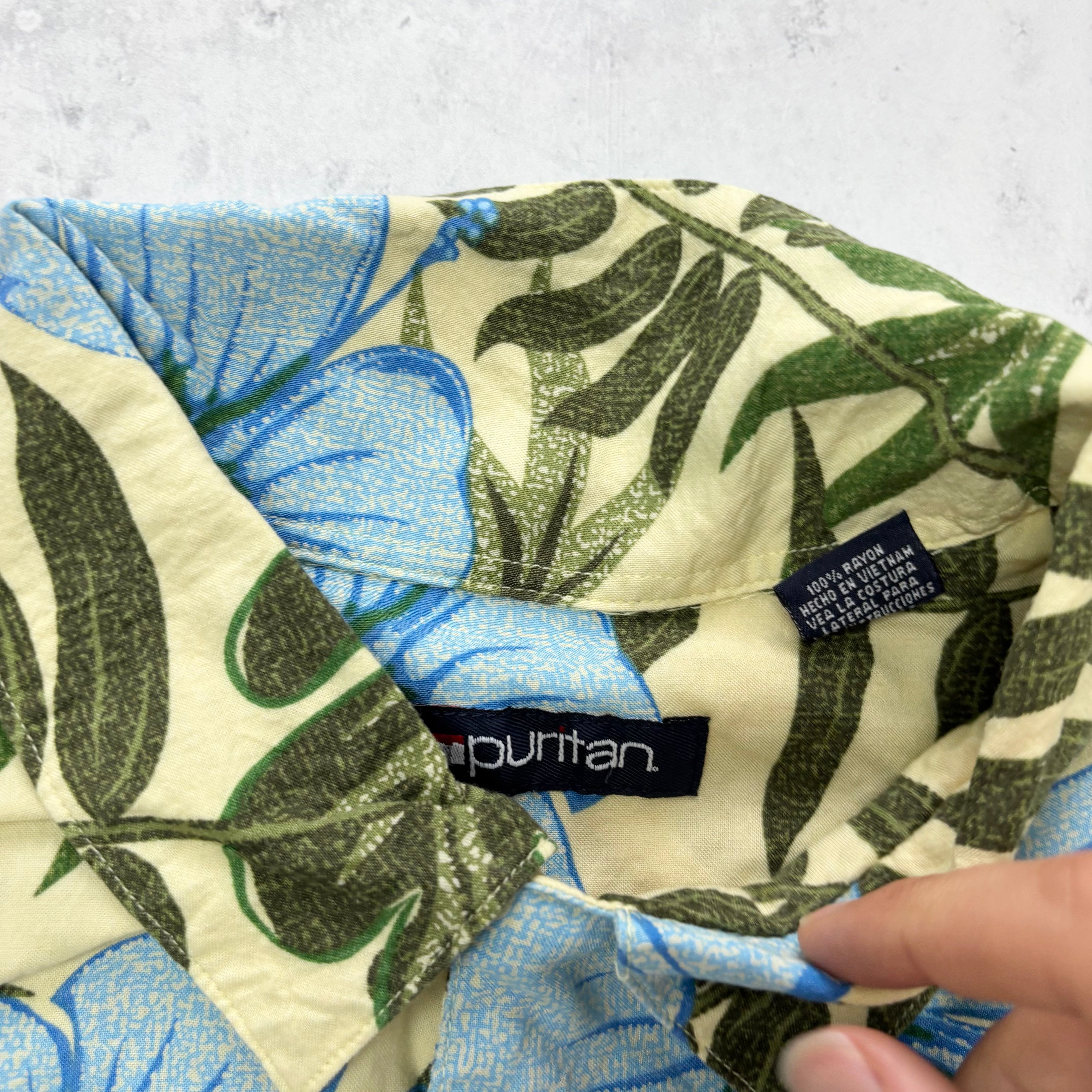 Vintage Hawaiian Shirt Mens XXL Blue Yellow Floral Aloha Short Sleeve Rayon (E)