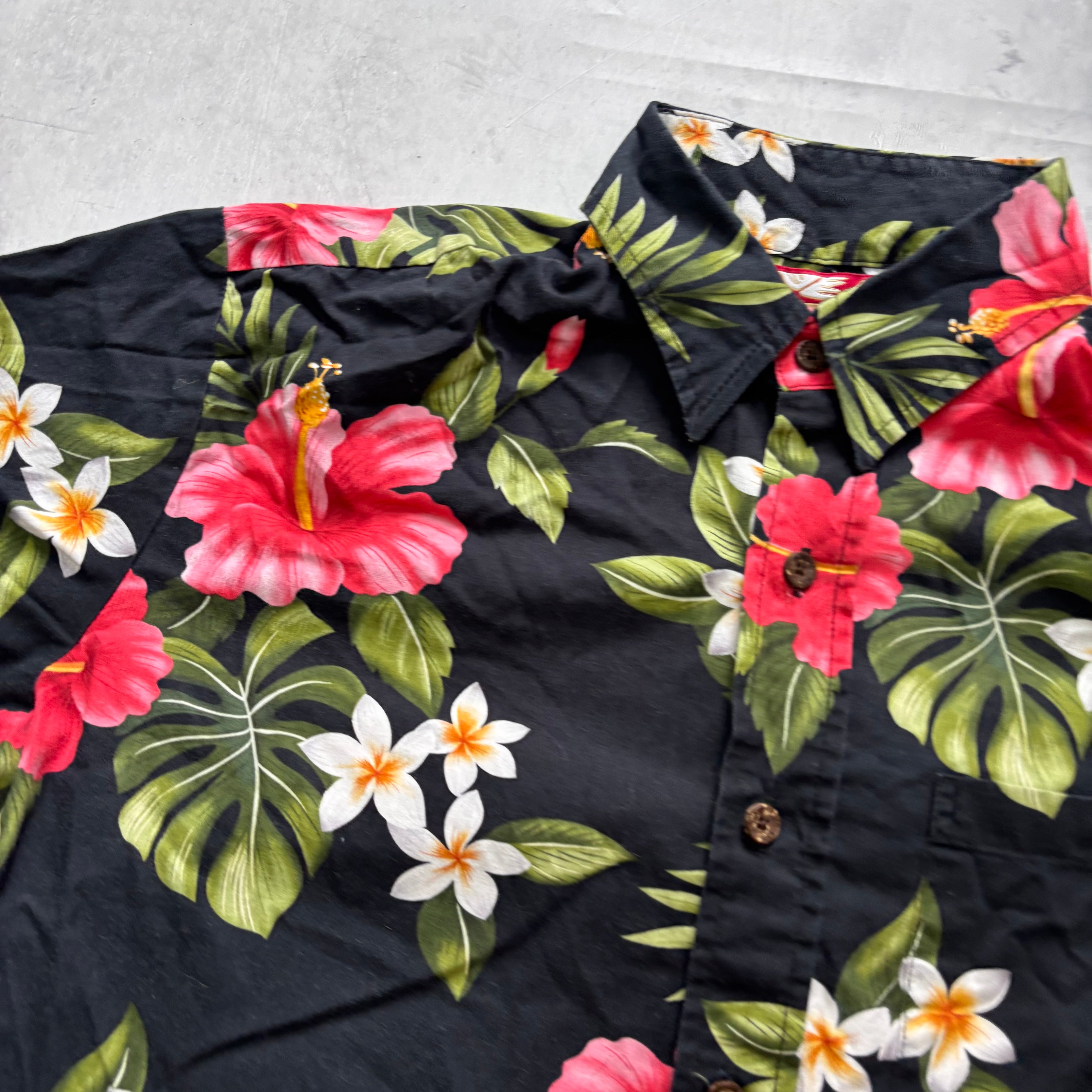 Vintage Hawaiian Shirt Womens Medium Black Floral Aloha Short Sleeve Cotton (E)