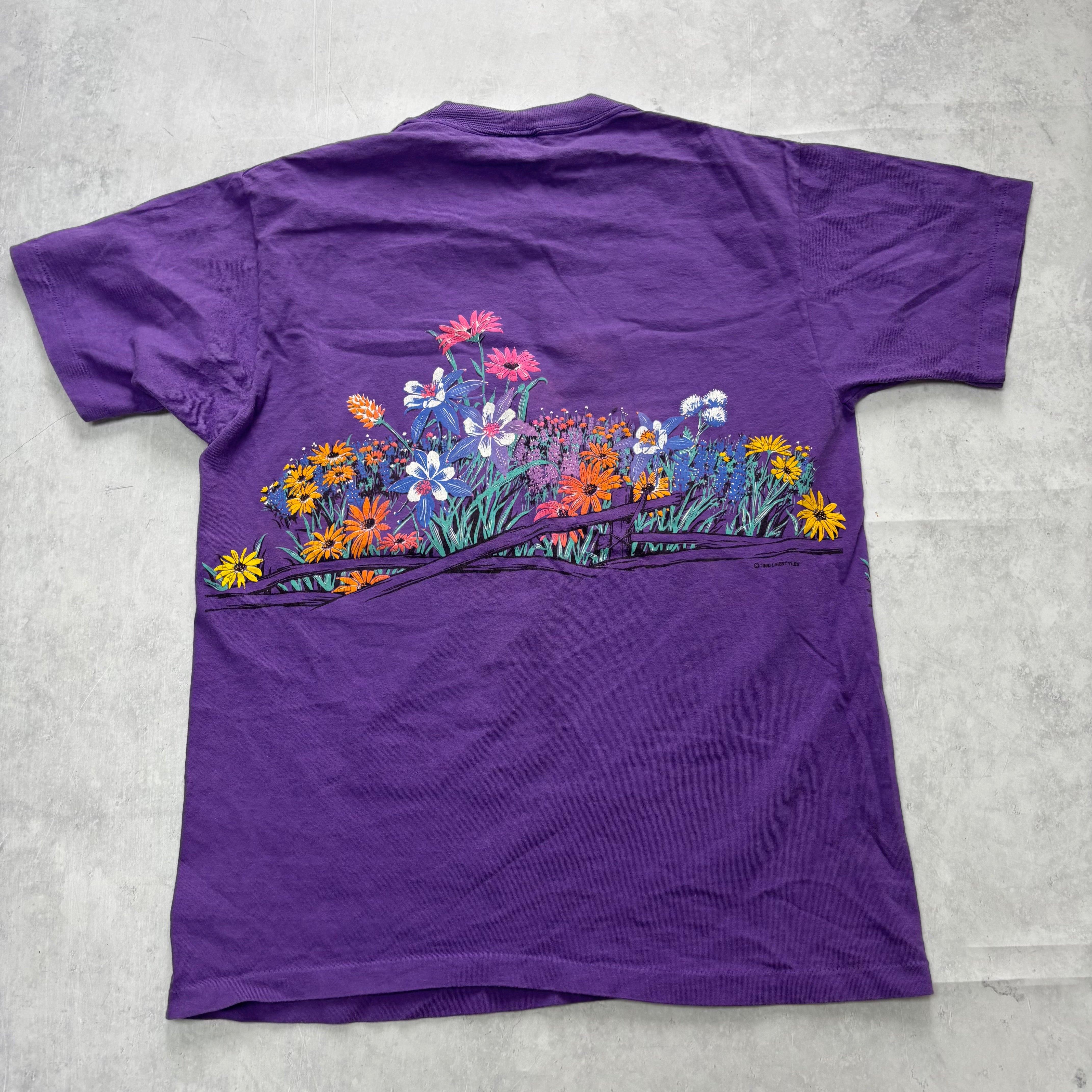 Vintage T Shirt Mens Medium Purple Single Stitch Graphic Print 90s Flowers (E)