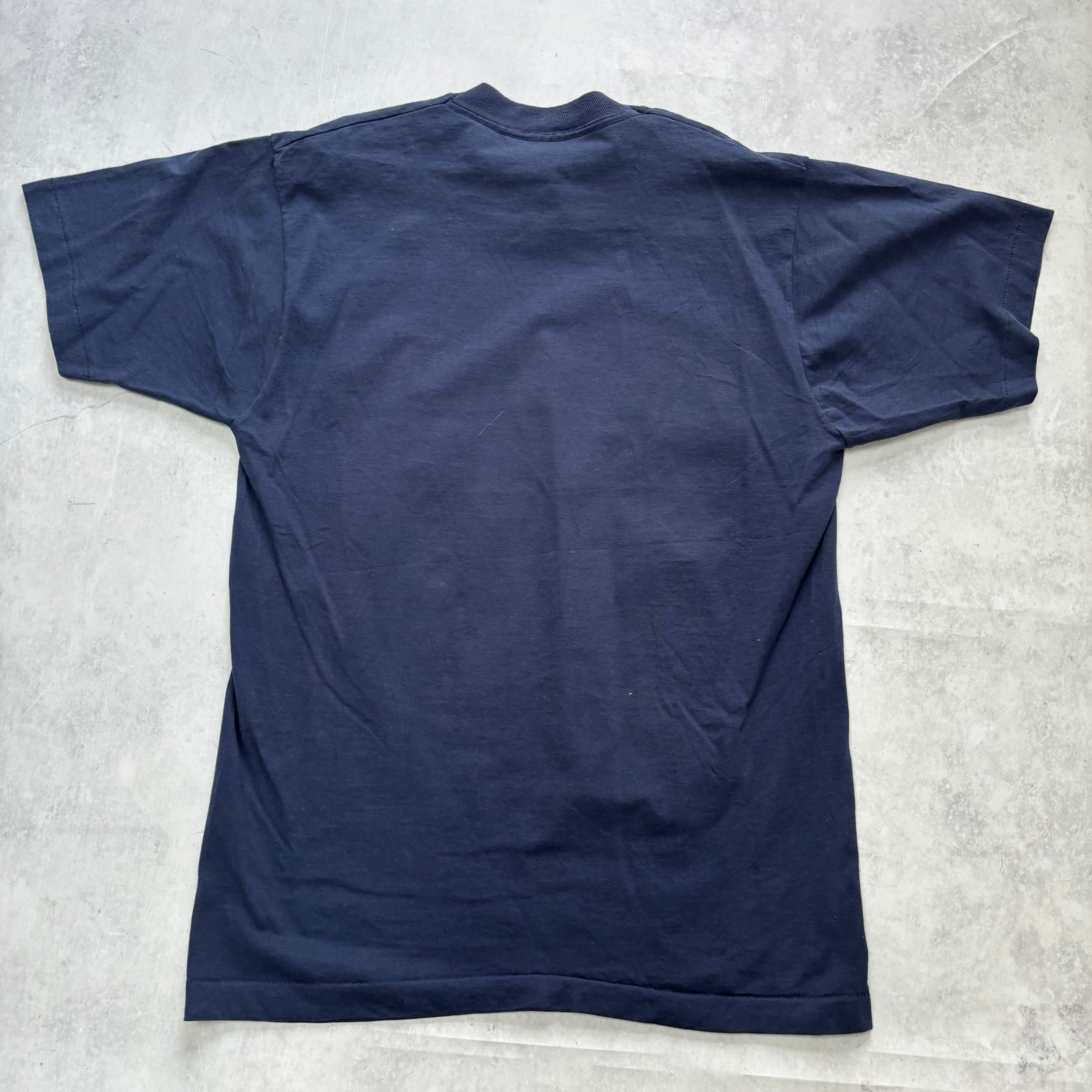 Vintage T Shirt Mens Medium Navy Blue Single Stitch Graphic Print College (E)