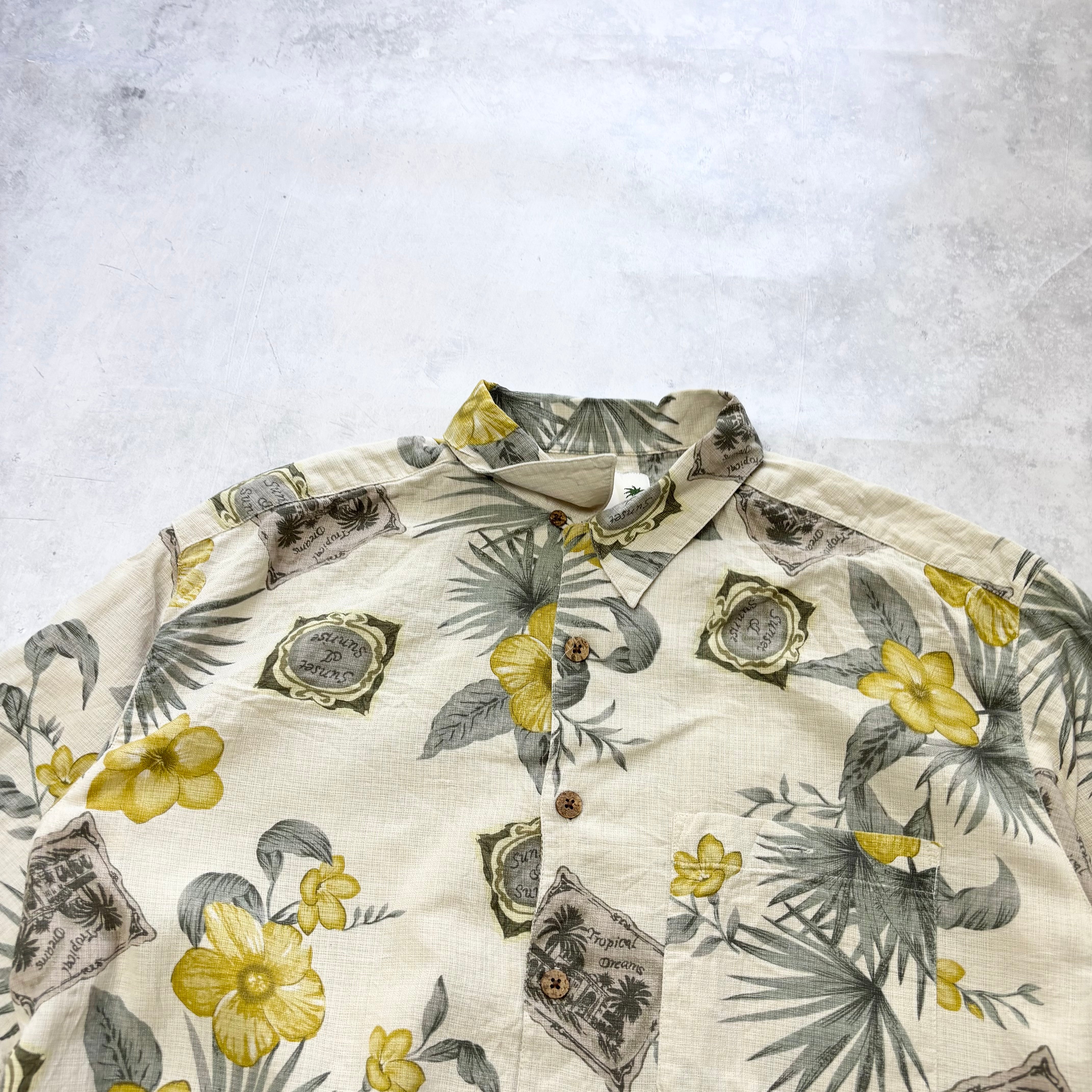 Vintage Hawaiian Shirt Mens Large Yellow Silk Floral Aloha Short Sleeve (E)