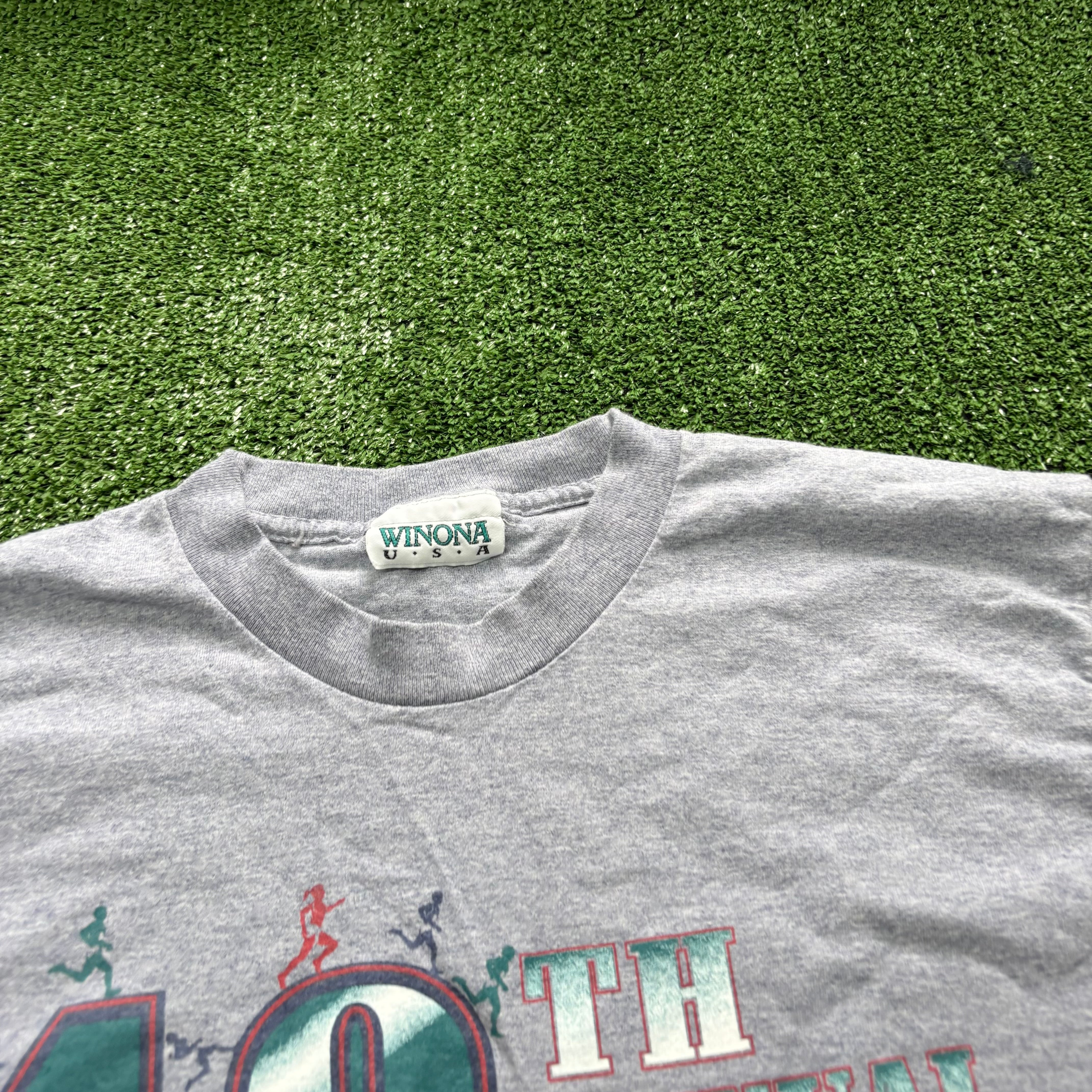 Vintage T Shirt Mens Small Grey Single Stitch Graphic Print 90s Run Race (E)