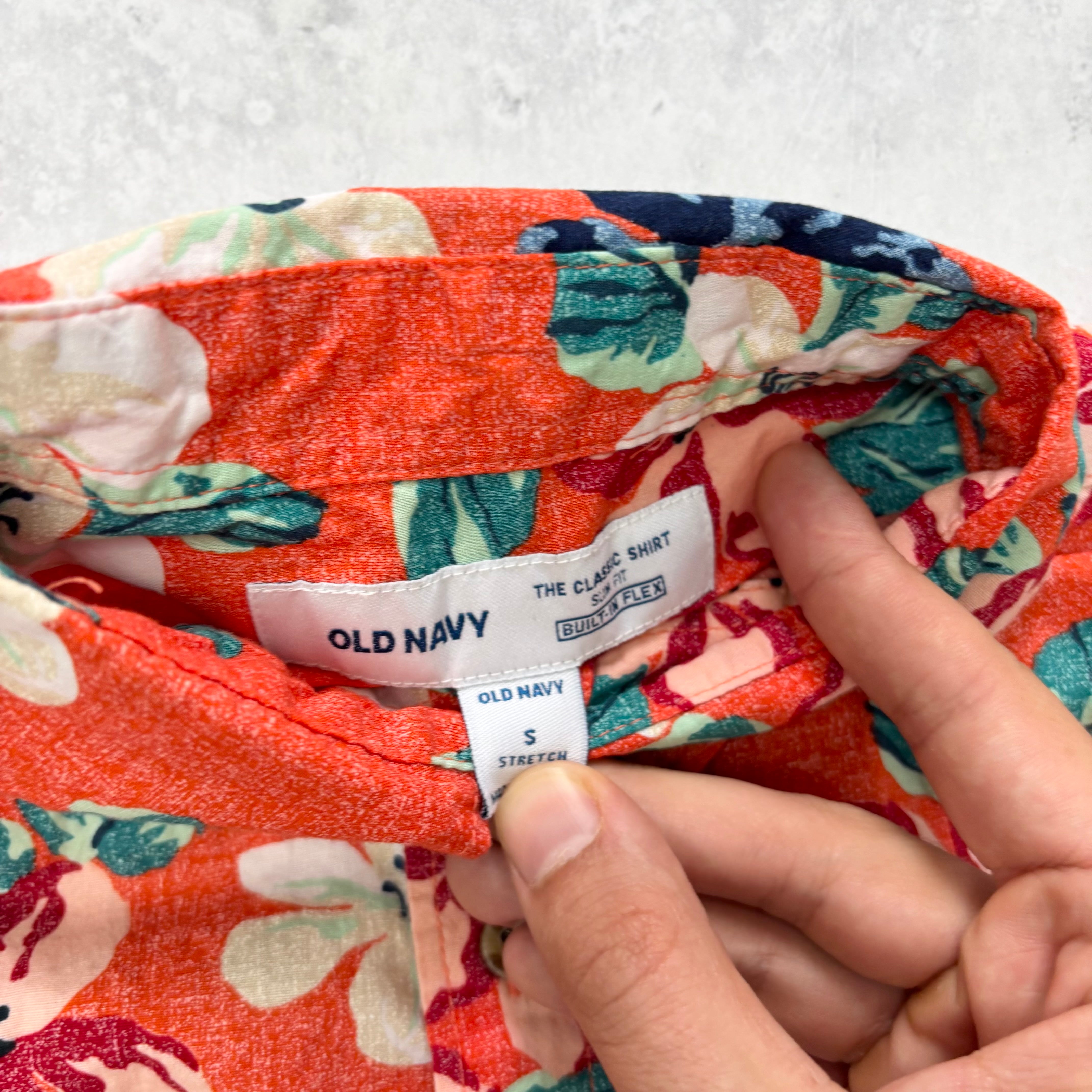 Old Navy Hawaiian Shirt Mens Small Orange Aloha Short Sleeve Cotton Slim Fit (E)