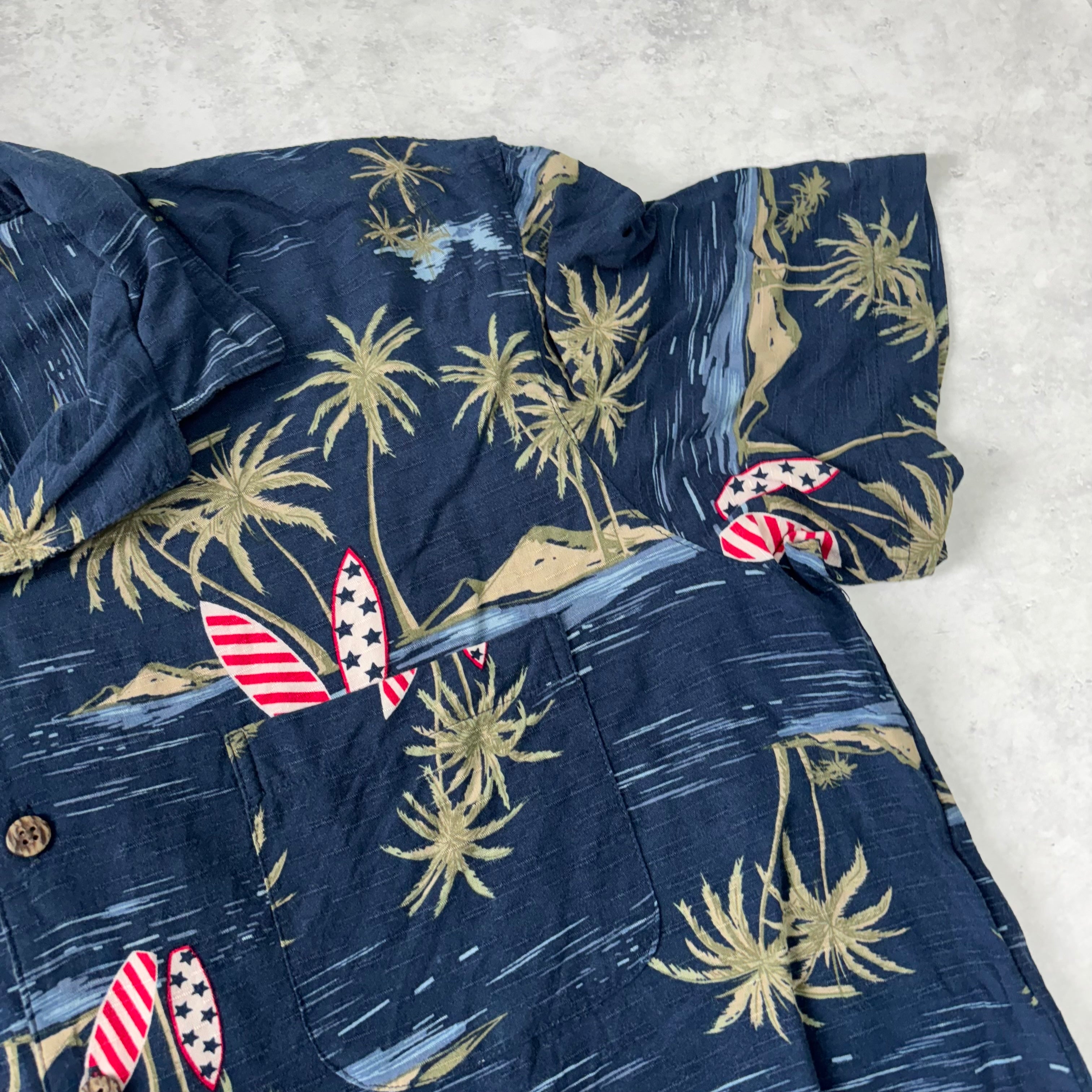 Hawaiian Shirt Mens Large Navy Blue Floral Aloha Short Sleeve Rayon George (E)