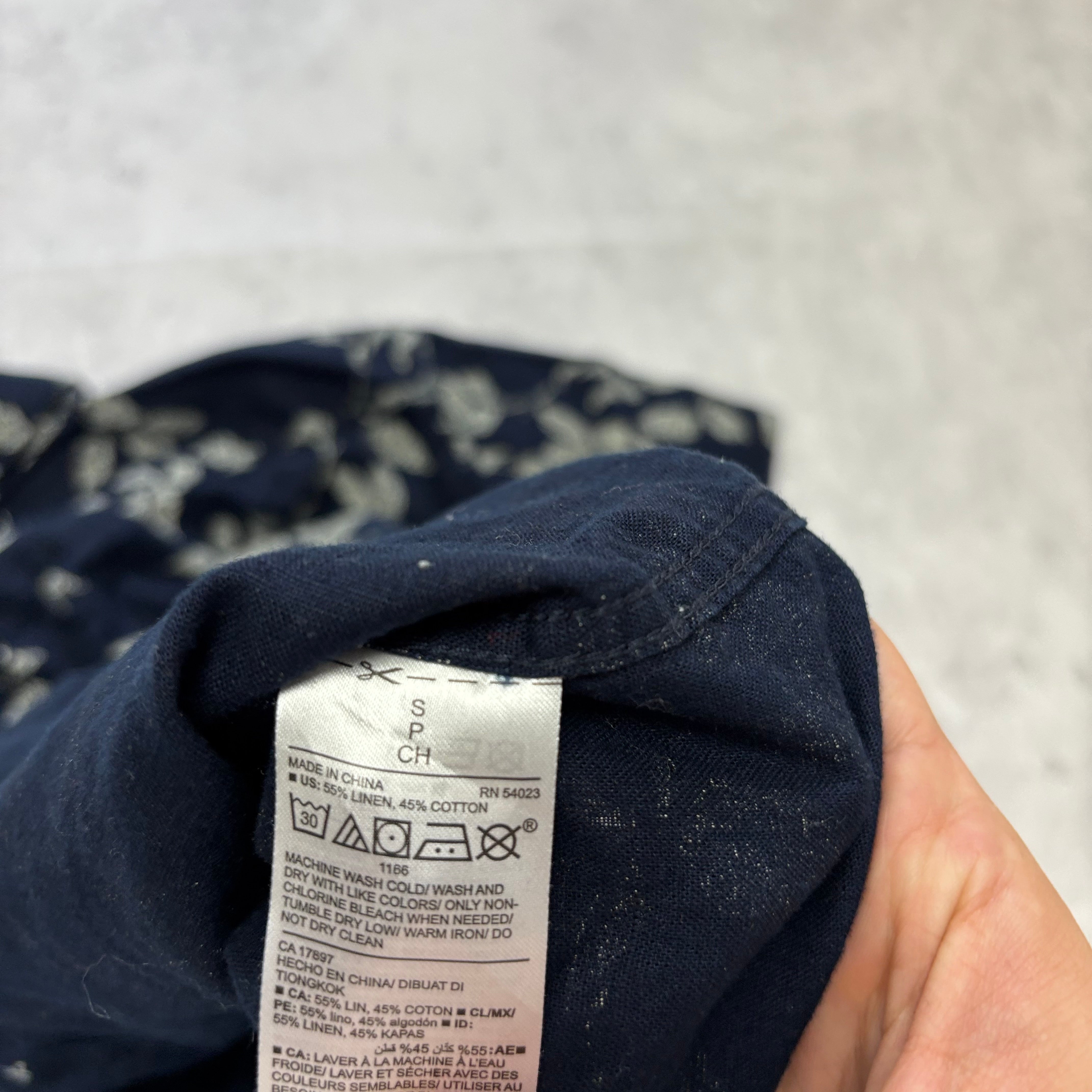 Old Navy Hawaiian Shirt Mens Small Navy Short Sleeve Slim Fit Linen (E)