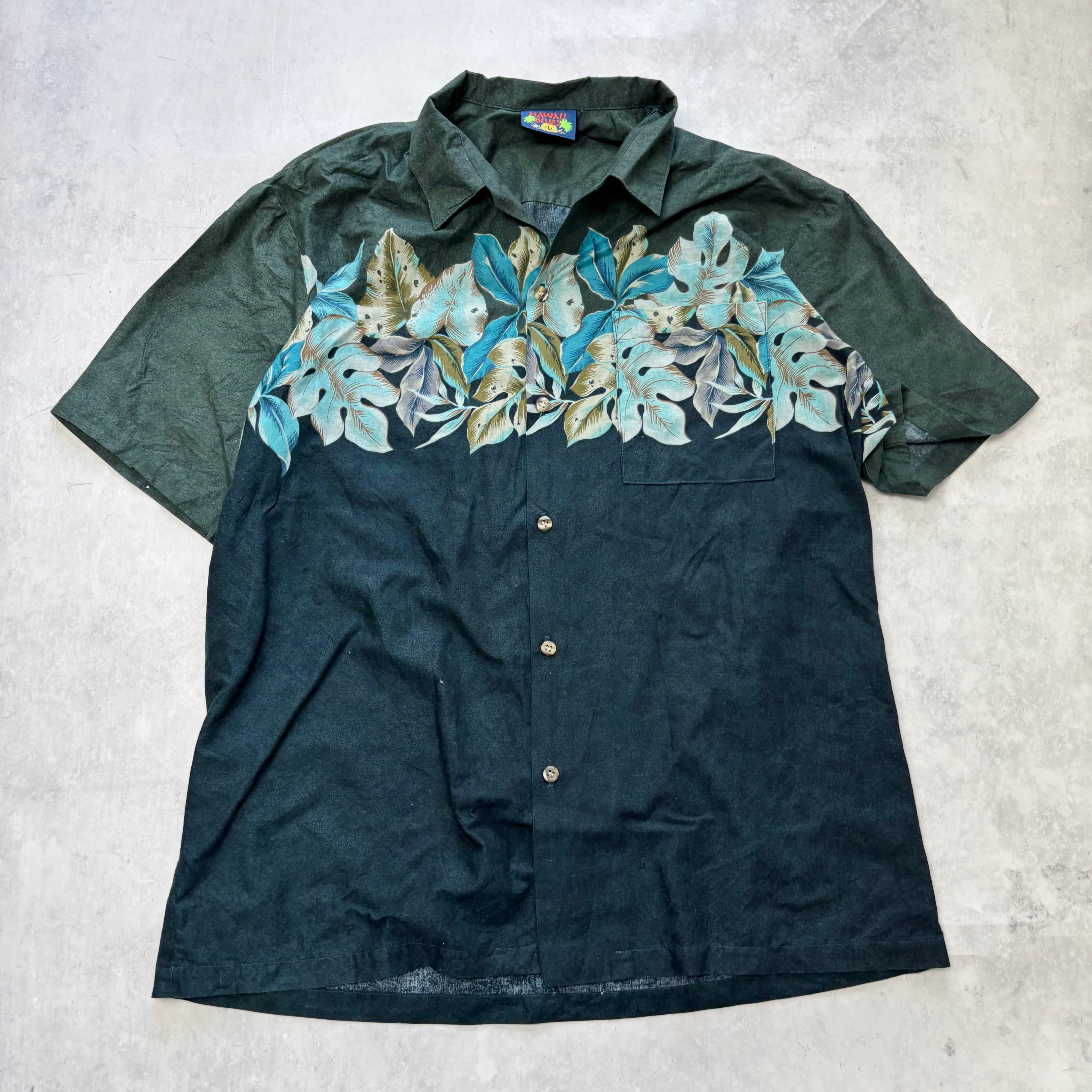 Vintage Hawaiian Shirt Mens Large Green Cotton Floral Aloha Short Sleeve (E)