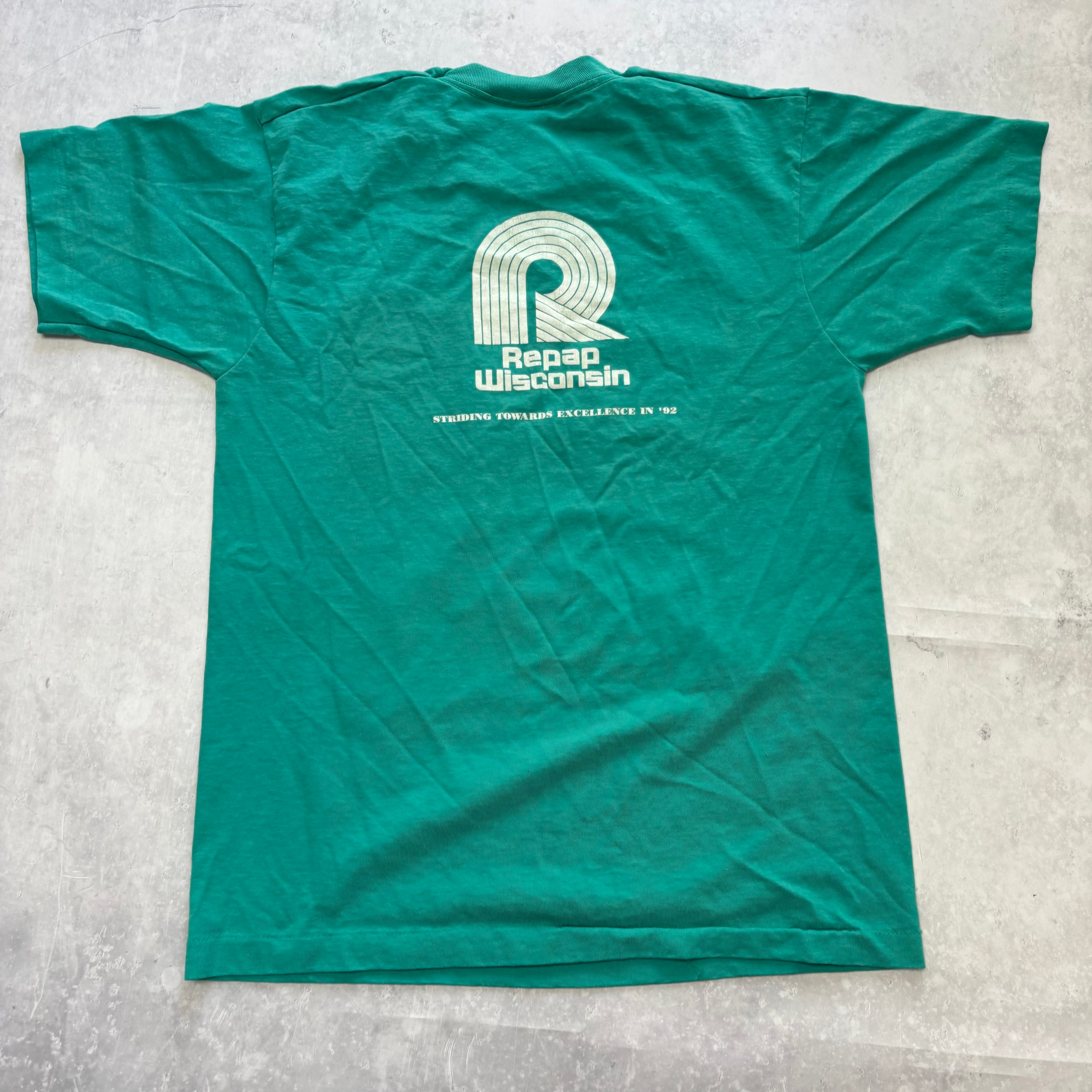 Vintage T Shirt Mens Medium Teal Green Single Stitch Graphic Print 90s Run (E)