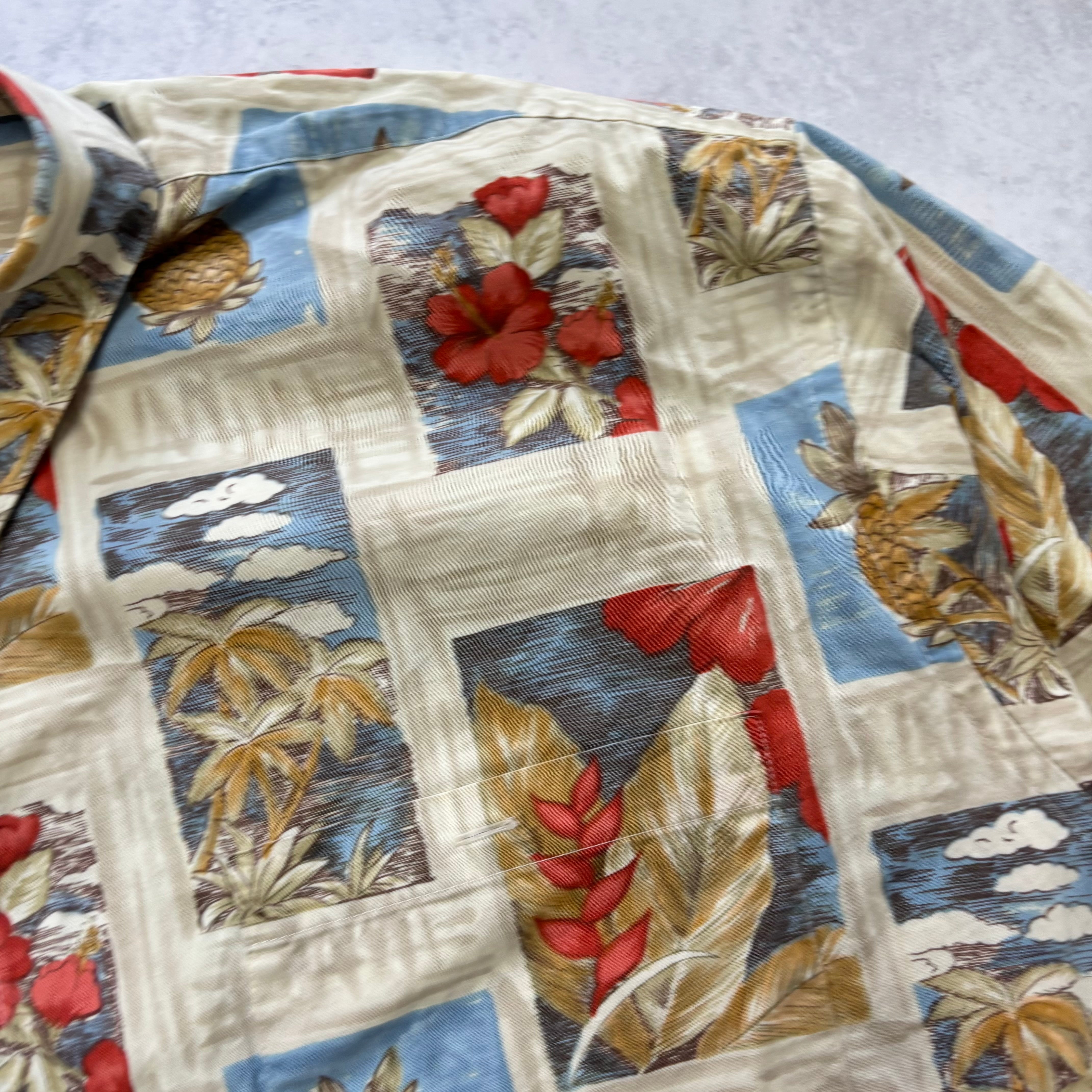 Vintage Hawaiian Shirt Mens XXL Beige Floral Aloha Short Sleeve Rayon (E)