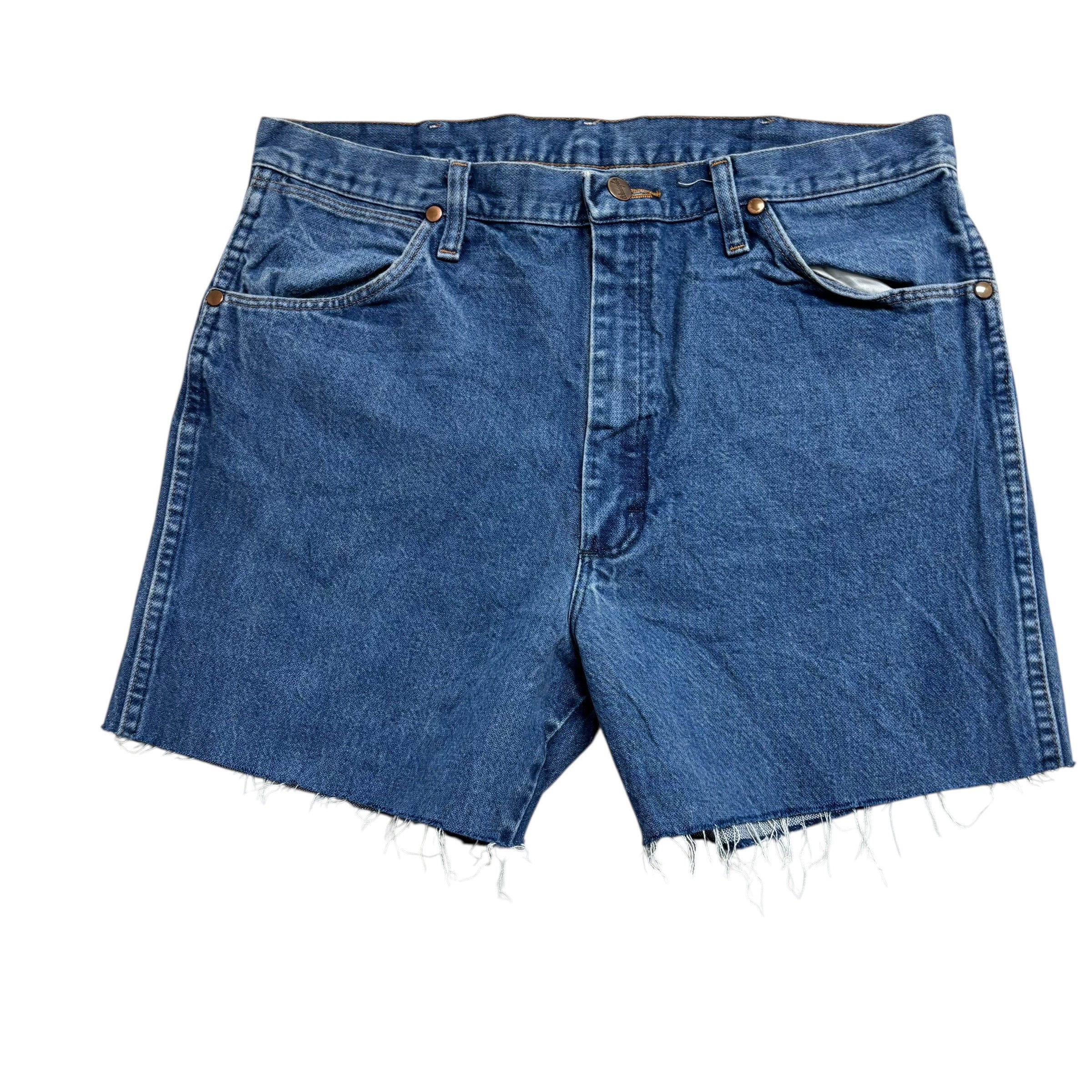 Wrangler Denim Shorts W33 Mens Mid Blue Cut Off 4in Regular Fit Vintage