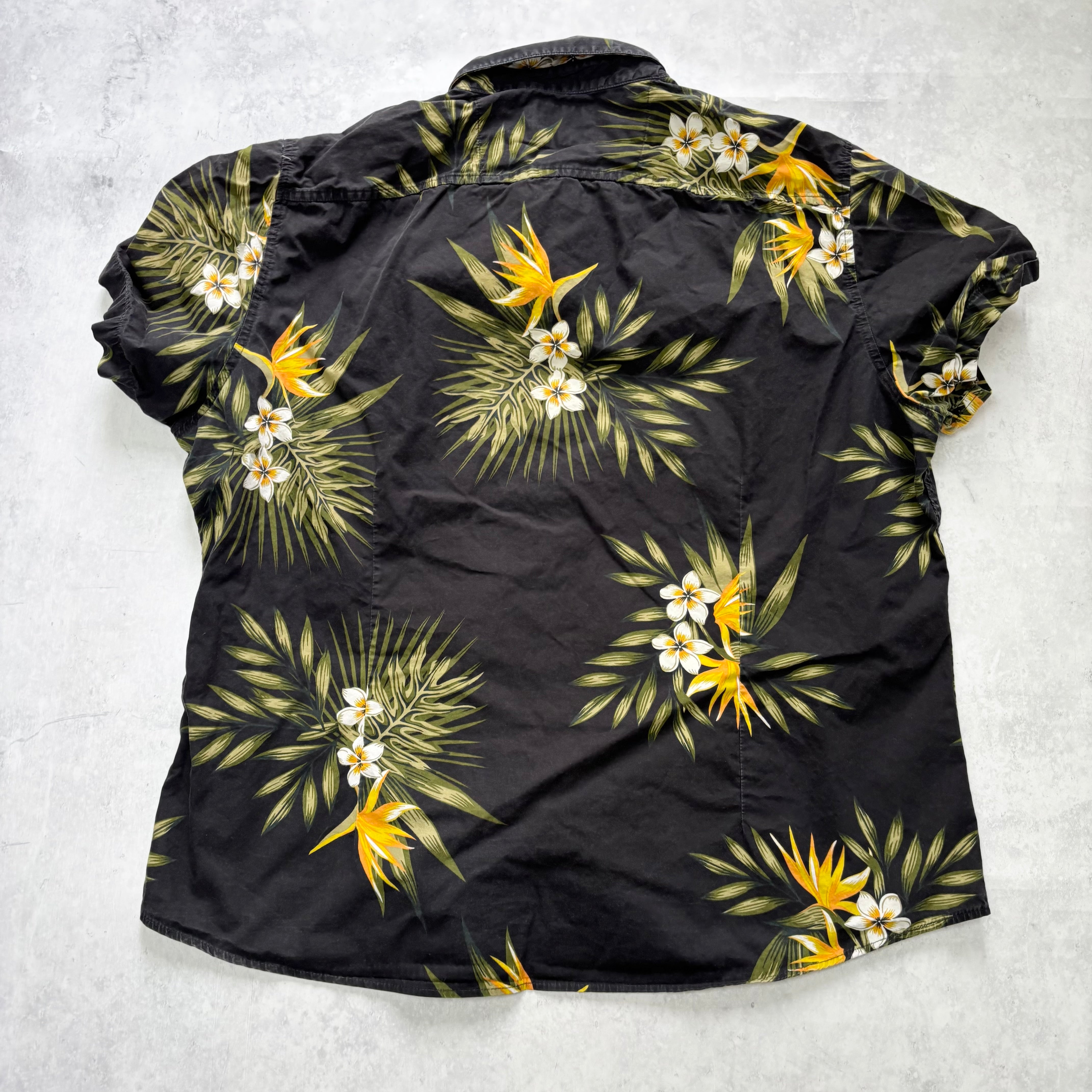 Hawaiian Shirt Mens XXL Black Floral Aloha Short Sleeve Cotton Slim Fit (E)