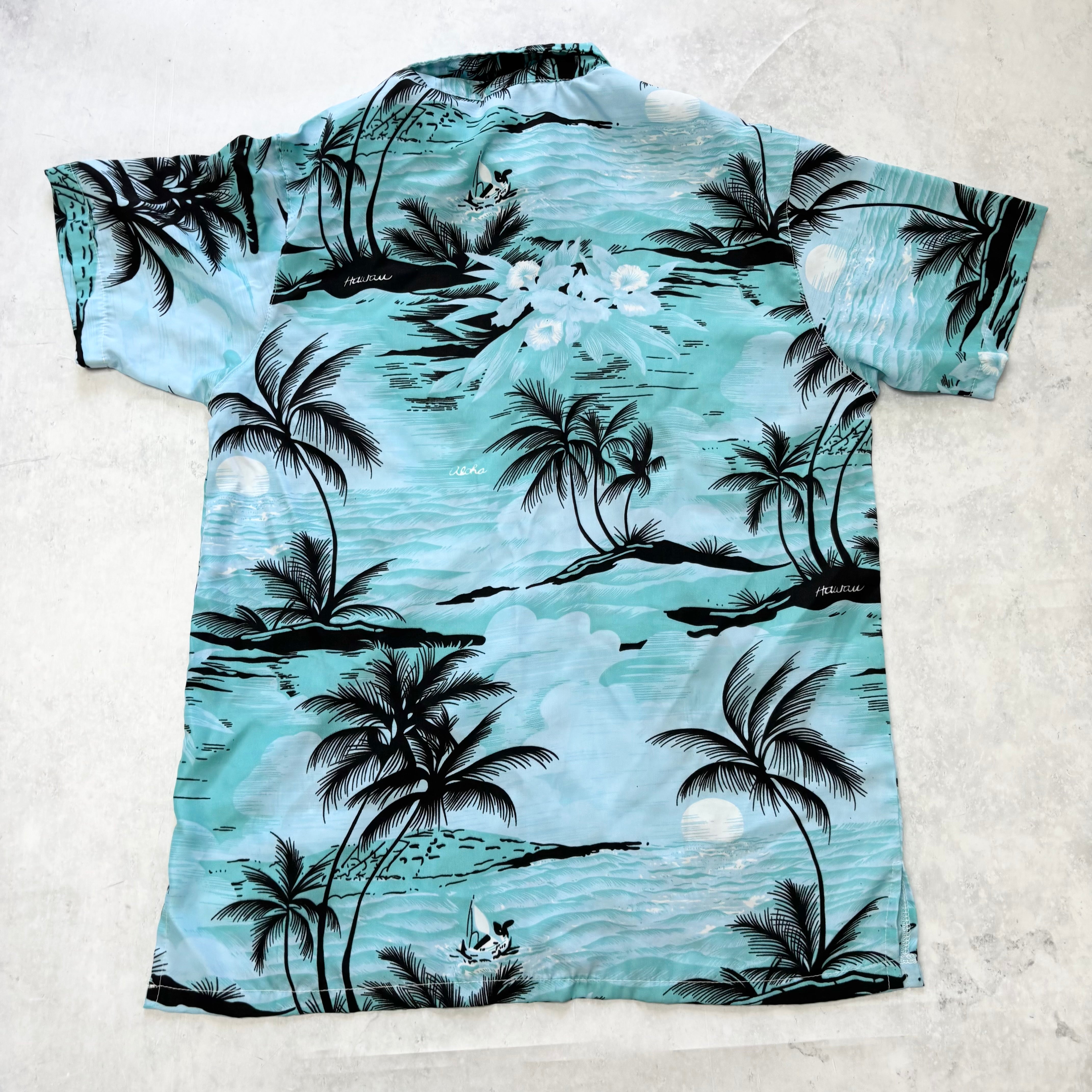 Hawaiian Shirt Mens Large Blue Floral Aloha Short Sleeve Cotton (E)