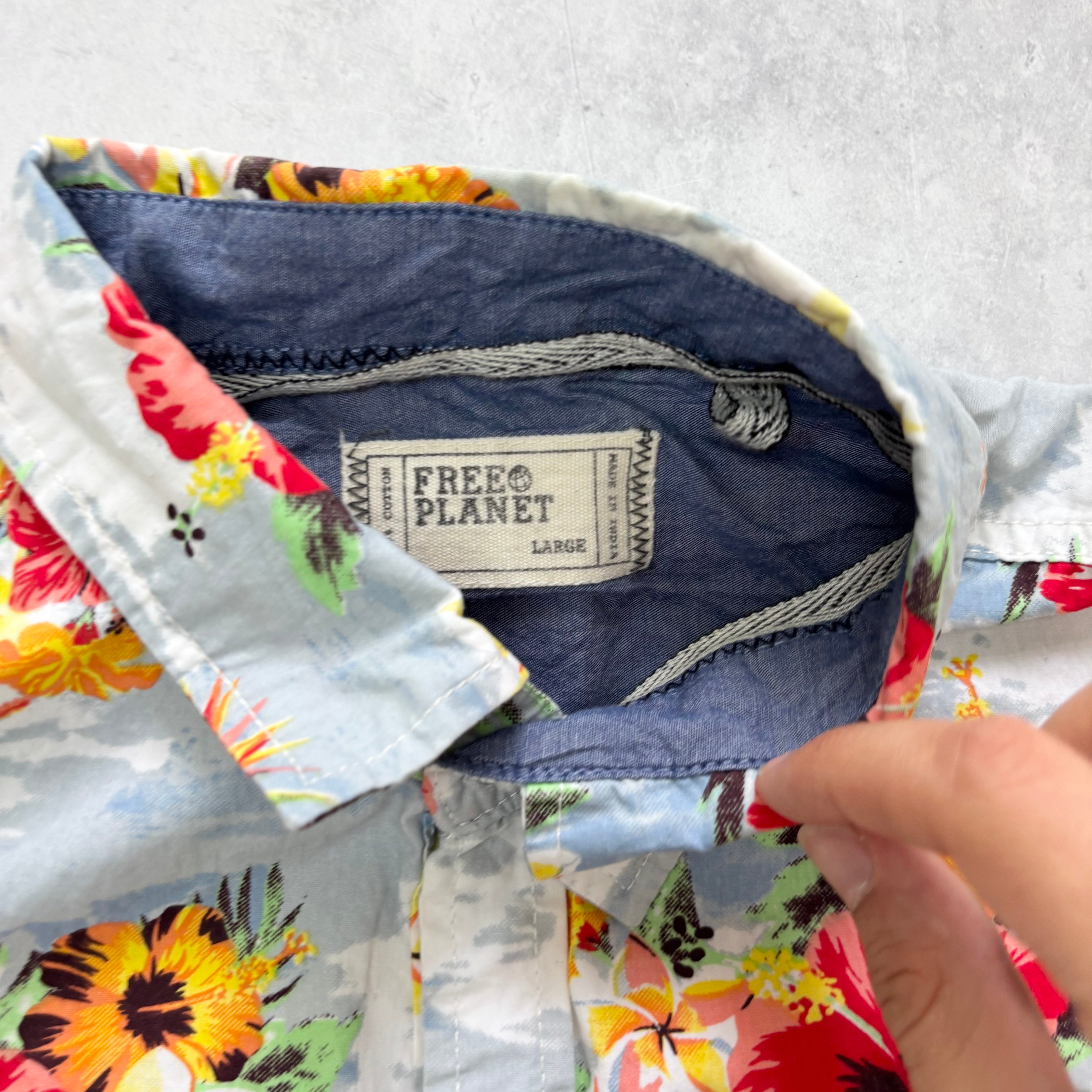 Hawaiian Shirt Mens Large Blue Floral Aloha Regular Fit Cotton (E)