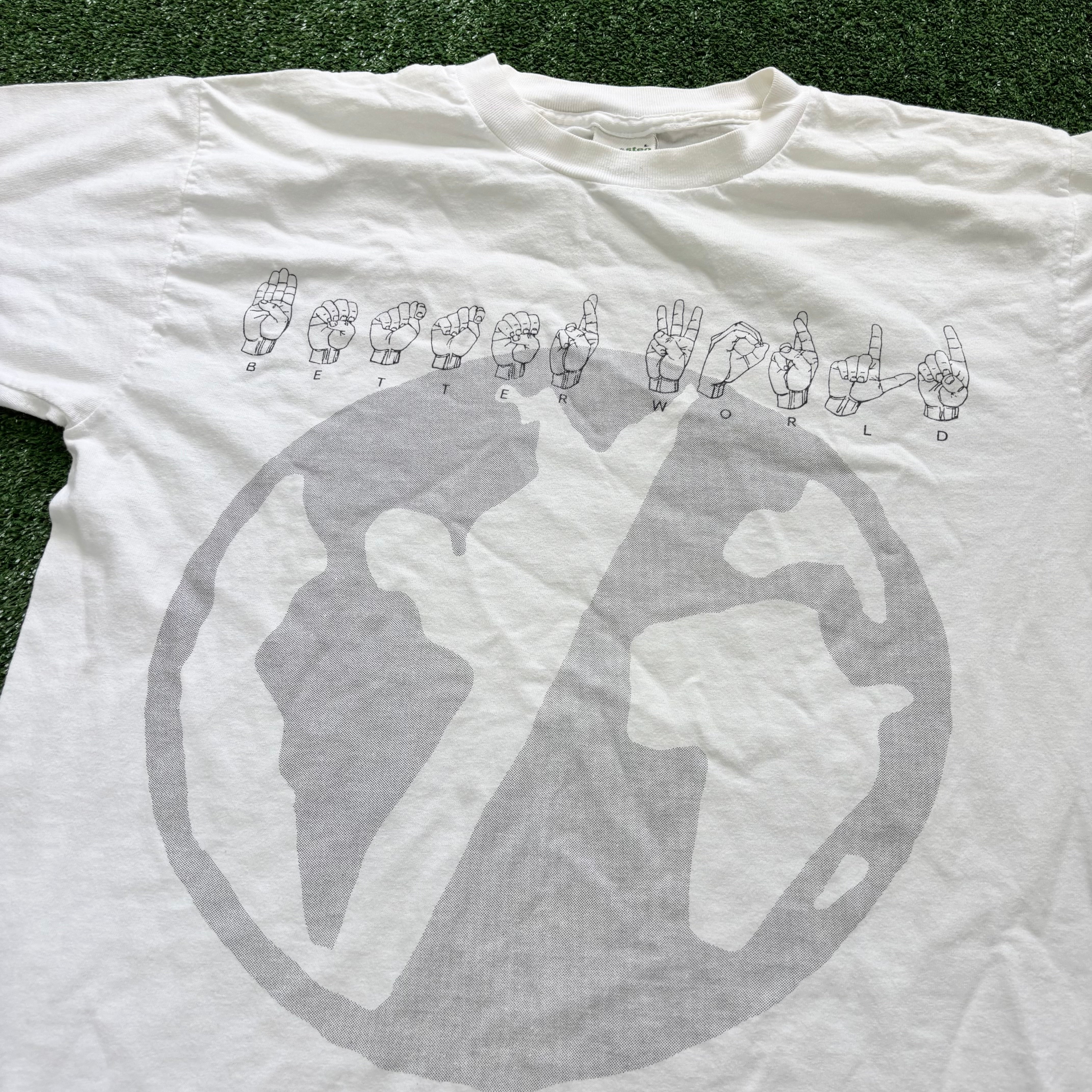 Vintage T Shirt Mens Medium White Single Stitch Graphic Print 90s Sign (E)