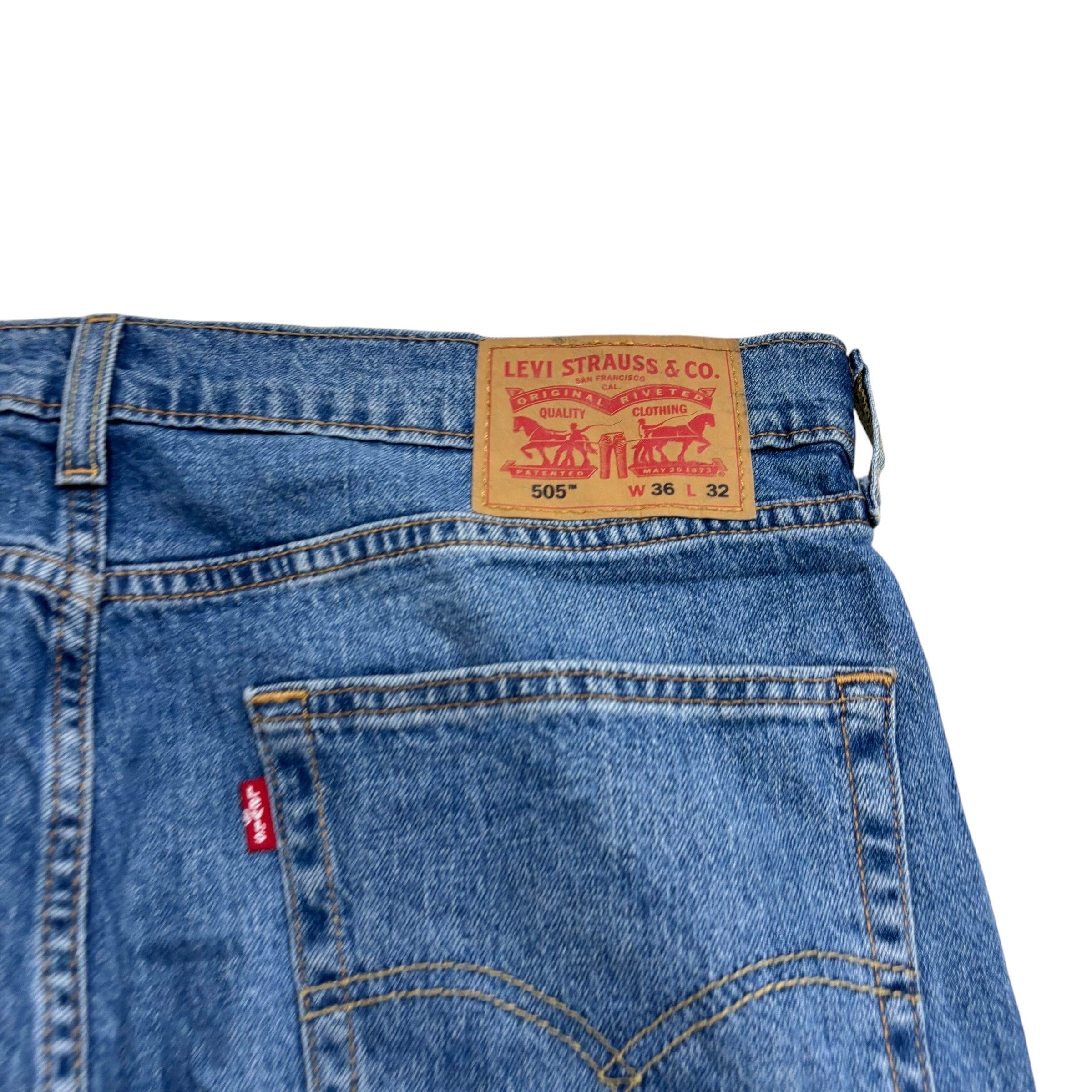 Levis 505 Jeans W36 L32 Mens Mid Blue Regular Straight Fit Stretch Denim (E)