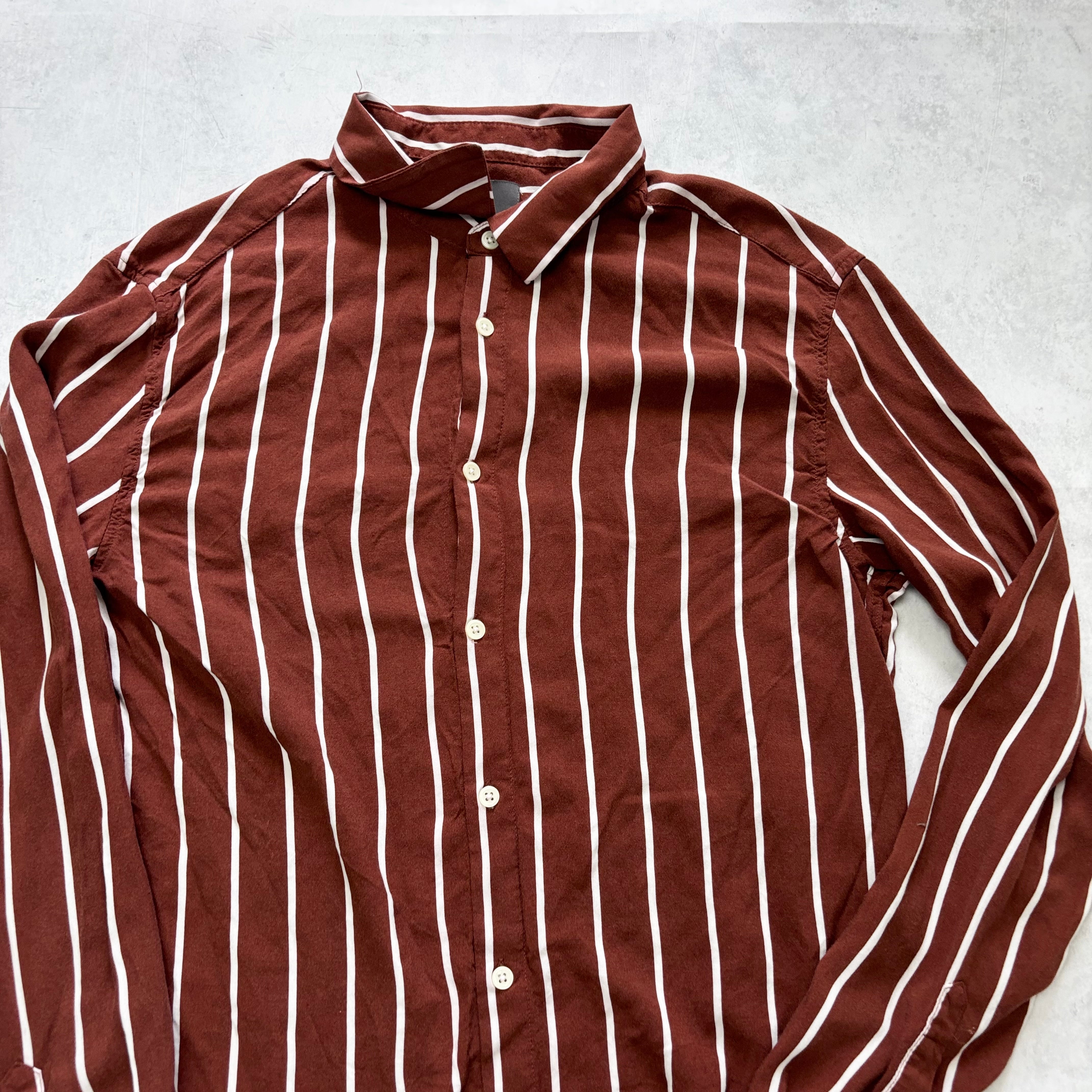 H&M Shirt Mens Large Brown Striped Long Sleeve Viscose (E)