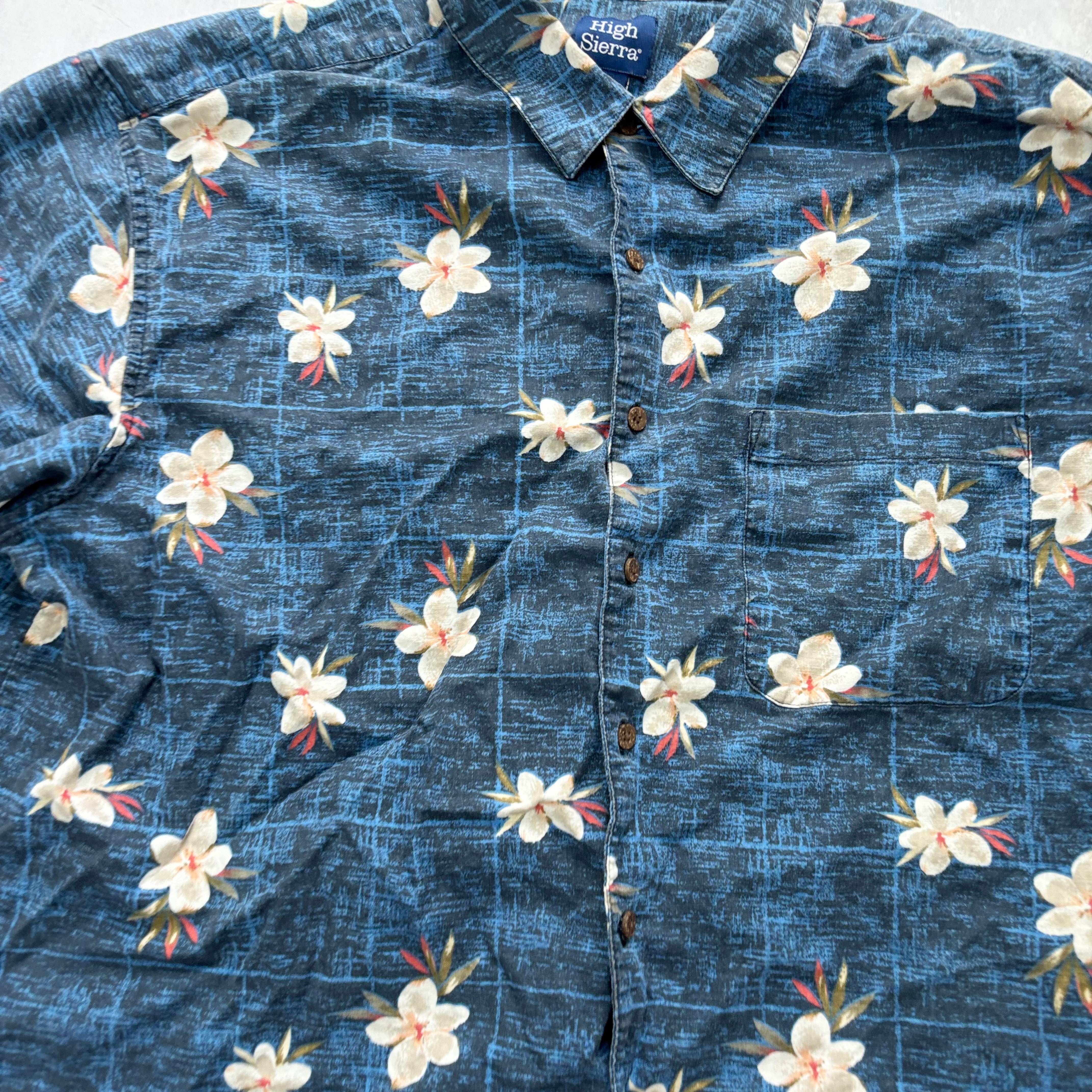 Hawaiian Shirt Mens XL Blue Floral Aloha Short Sleeve Linen Blend (E)