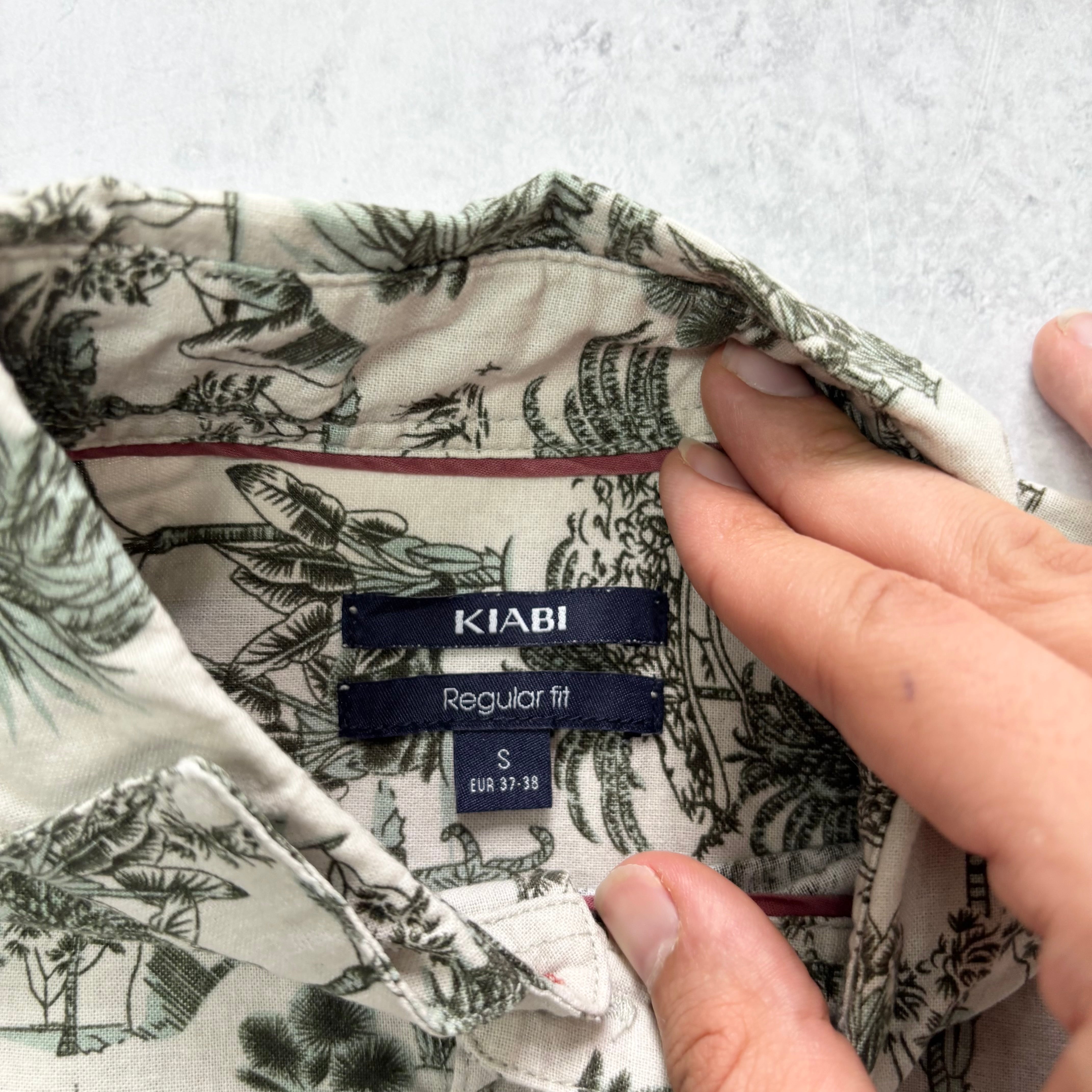 Kiabi Shirt Mens Small Beige Floral Aloha Long Sleeve Cotton (E)